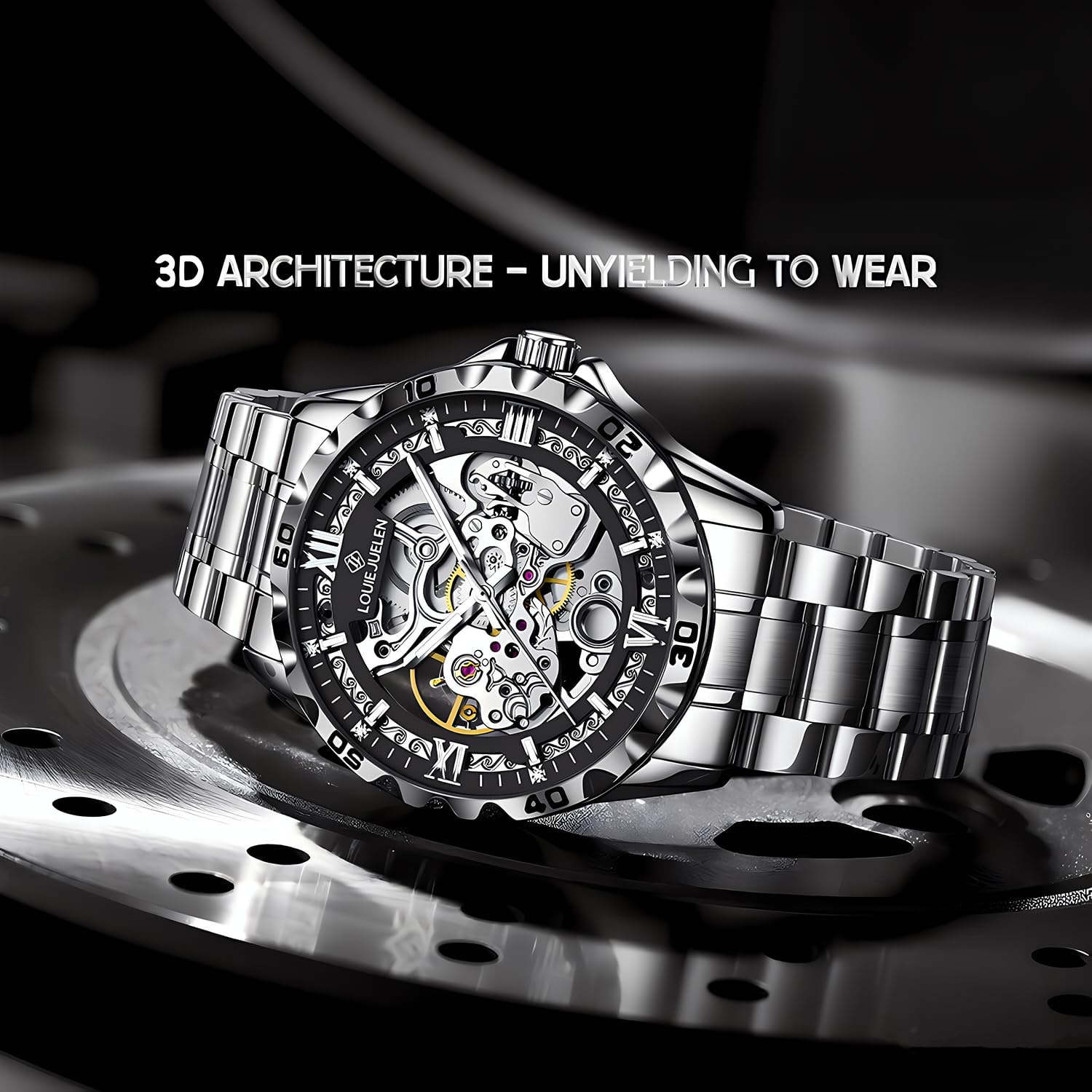 Men's Skeleton Automatic Watches with Self-Winding Movement Analog Mechanical Watch with Roman Numerals Waterproof Luminous Dress Wrist Watch for Men, Black/Blue/White/Gold Dial, Leather/Stainless Steel Band, No Battery Needed