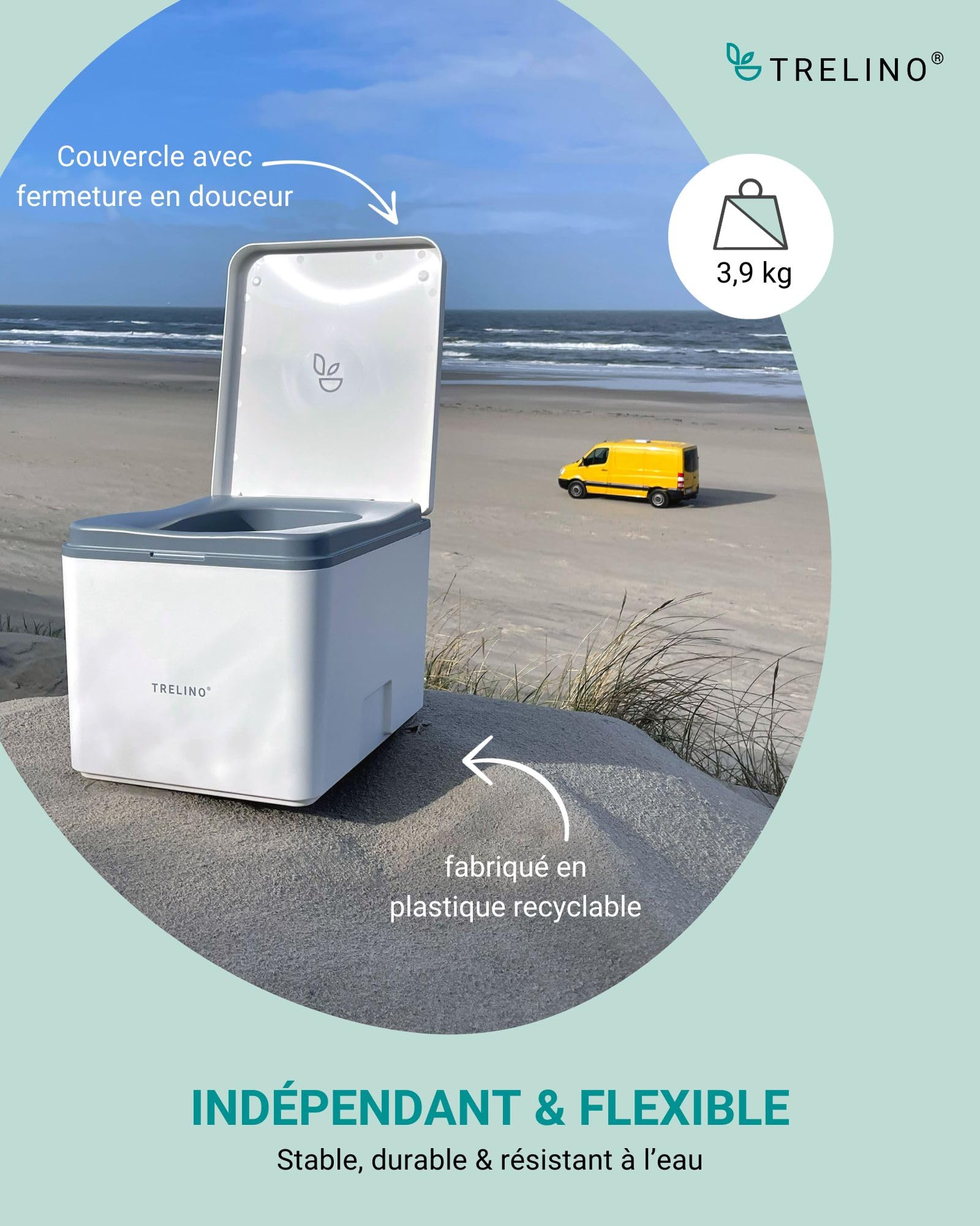 TRELINO Evo S Blanc (39 x 33 x 29,6 cm), Toilette sèche avec séparateur, Toilette Portable pour Camping et Plein air, 4,5 L & 6,5L capacité