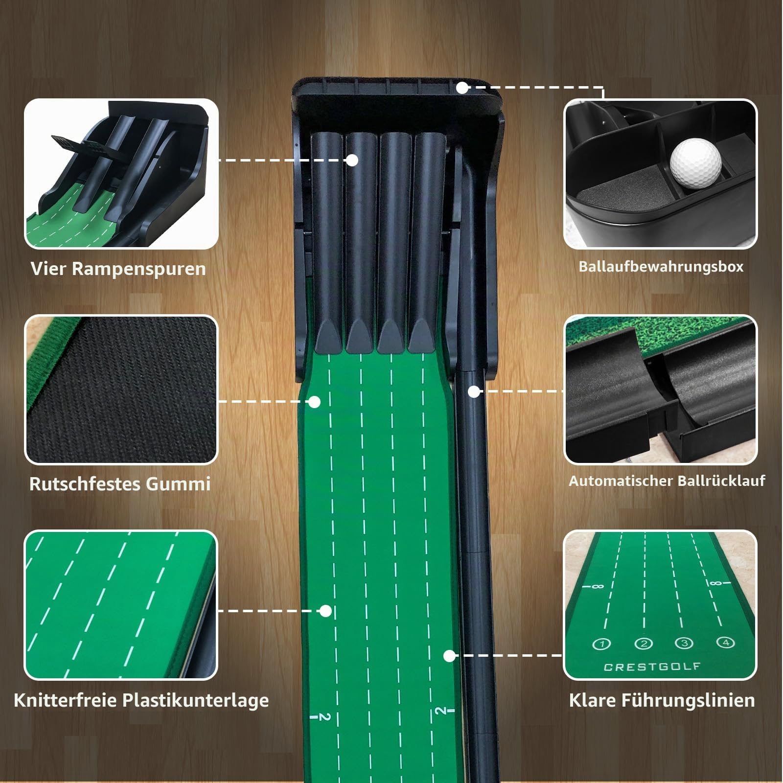 Golf Putting Matte mit Ball rücklauf | Putting Green Indoor& Outdoor & Im Büro | Steigert die Puttskills mit 4 einzigartige Flipping Tracks