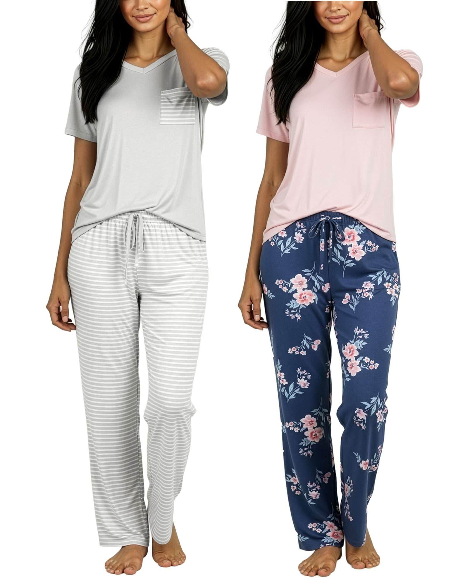 2 Pack: Women's Comfy Pajama Sets - Short & Long Sleeve Ladies Loungewear Sleepwear PJs (Available In Plus)