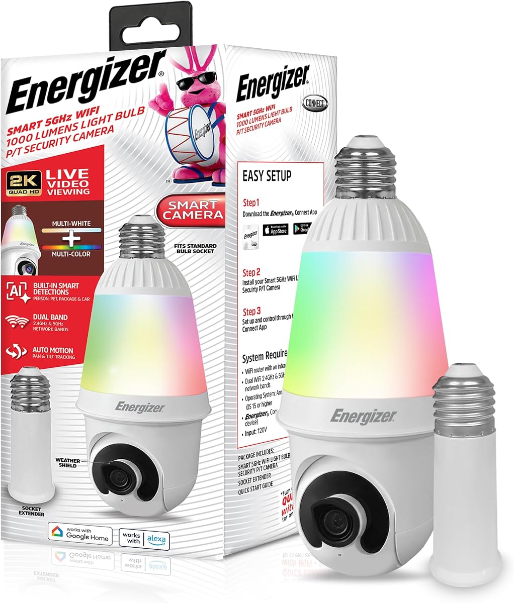Energizer Cámara de seguridad con bombilla inteligente 2K, luz LED de 1000 lúmenes, cámara con enchufe para exteriores Wi-Fi 5G y 2.4G, seguimiento automático con inclinación panorámica, (blanco, detección inteligente AI incorporada)