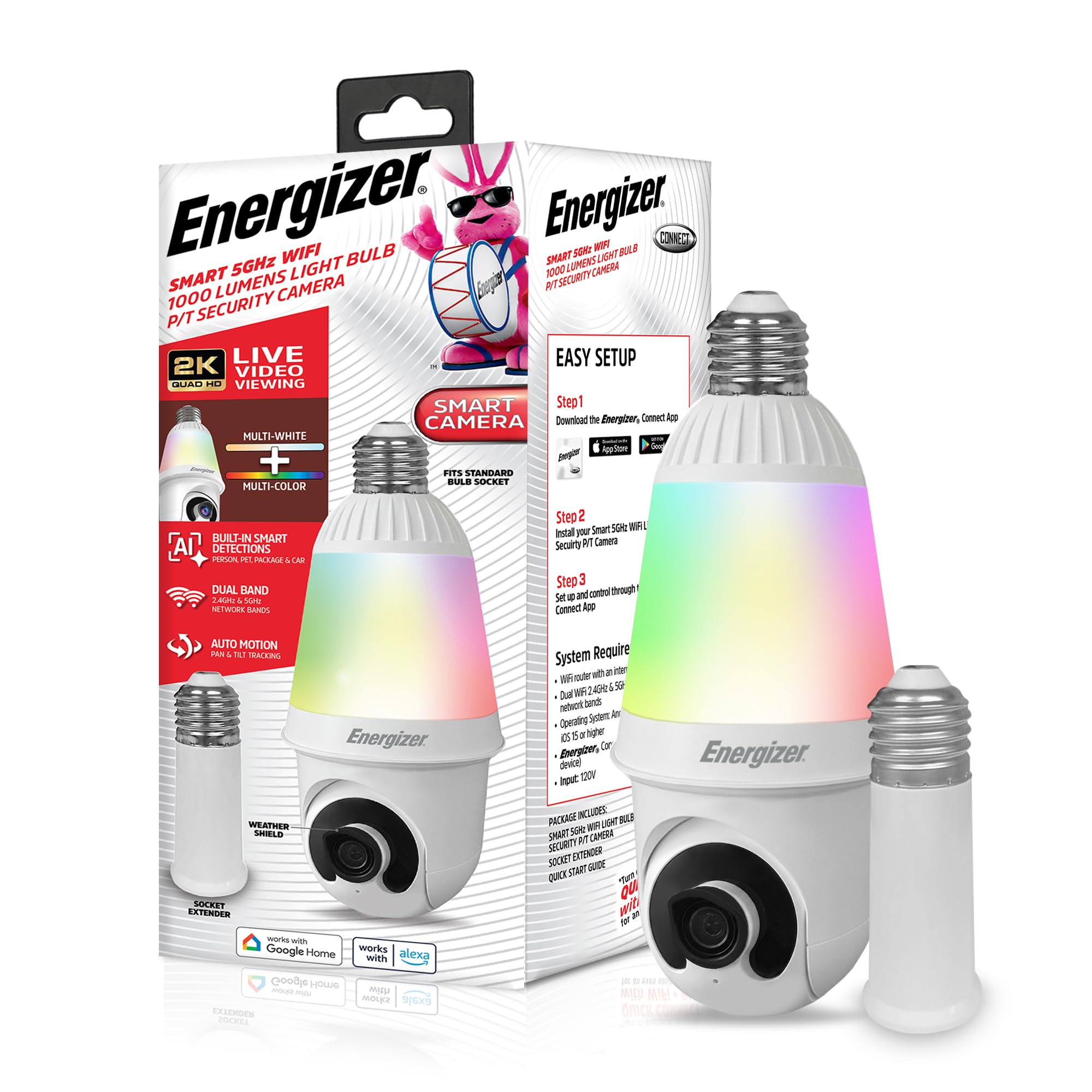 Energizer Smart 2K Light Bulb Security Camera, 1000 Lumens LED Light, 5G&2.4G Wi-Fi Outdoor Socket Camera, Pan Tilt Auto Tracking, (White, AI Smart Detection Built-in)