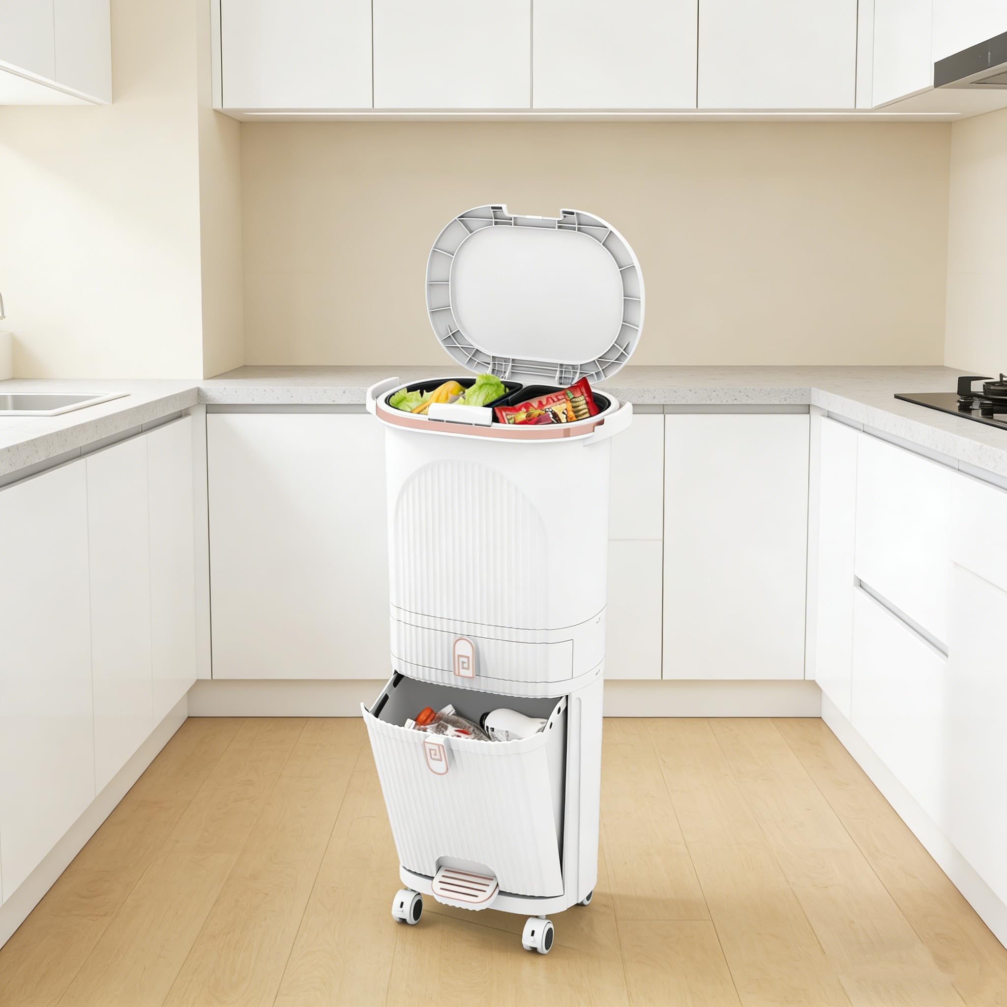 LIFEZEAL 38L / 42L Cubo de basura con ruedas, papelera con 3 compartimentos y tapa, cubo de basura con pedal y asa, contenedor de basura para cocina, sala de estar y oficina (42L, Blanco)
