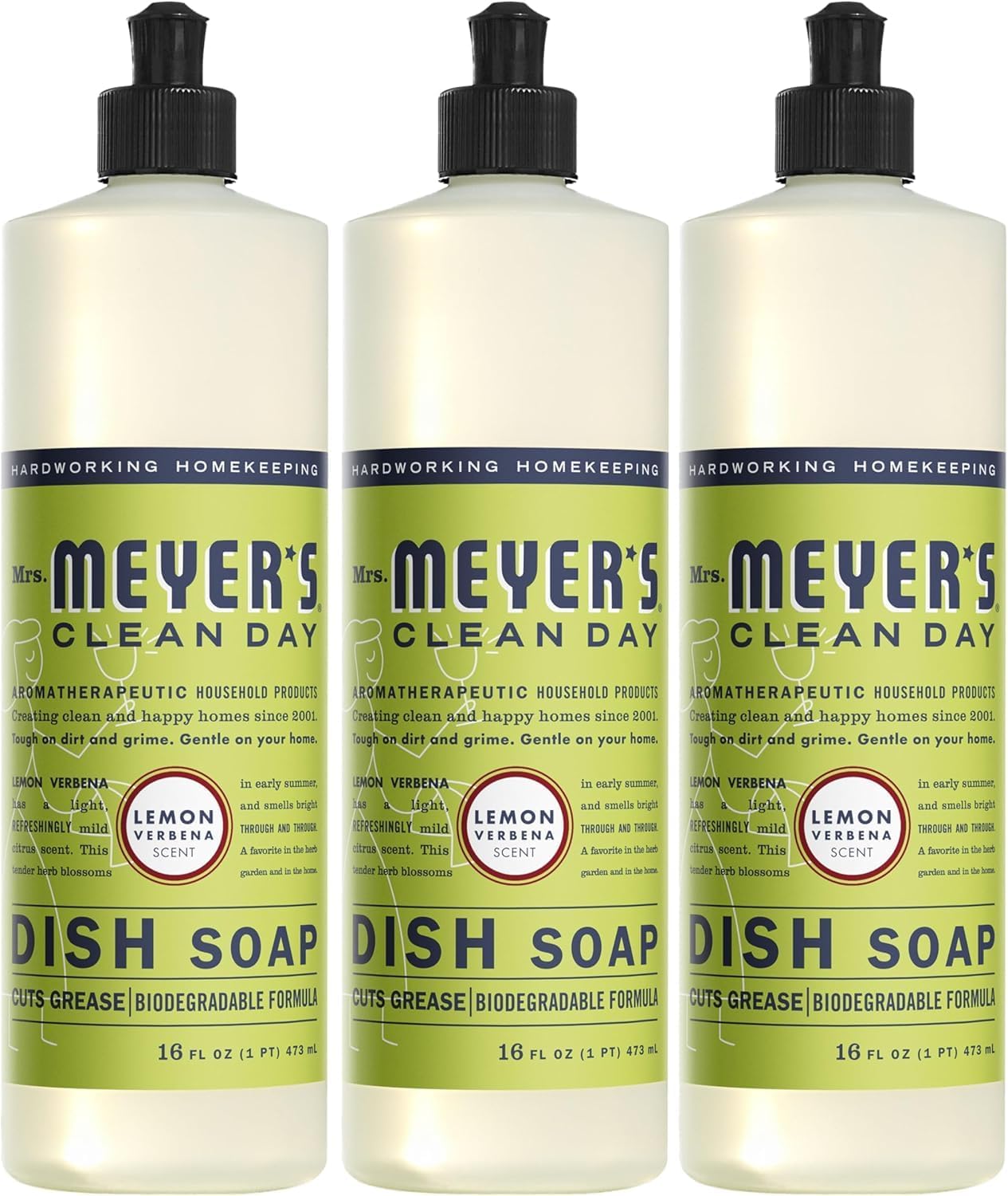 MRS. MEYER'S Clean Day Liquid Dish Soap, Biodegradable Formula, Lemon Verbena, 16 fl. oz - Pack of 3 48 Fl Oz (Pack of 1) Lemon Verbena - Image 1 of 5