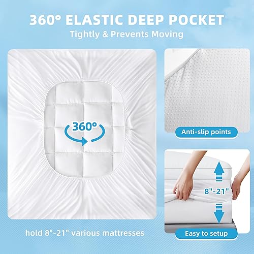 Miniatura 4 de DWVO Cubrecolchón tamaño Queen, funda de colchón refrescante con bolsillo profundo de 8 a 21 pulgadas, protector de colchón suave alternativo de