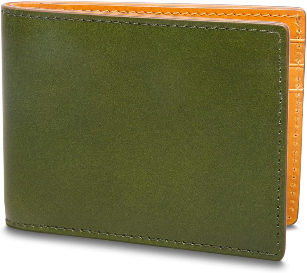 Bosca Men's Leather Wallet - Small Bifold Italia Vegetable-Tanned Forest Green & Tan Contrast Leather, 6 Card Slots, Matte Finish 3" h x 4" w x .5" d
