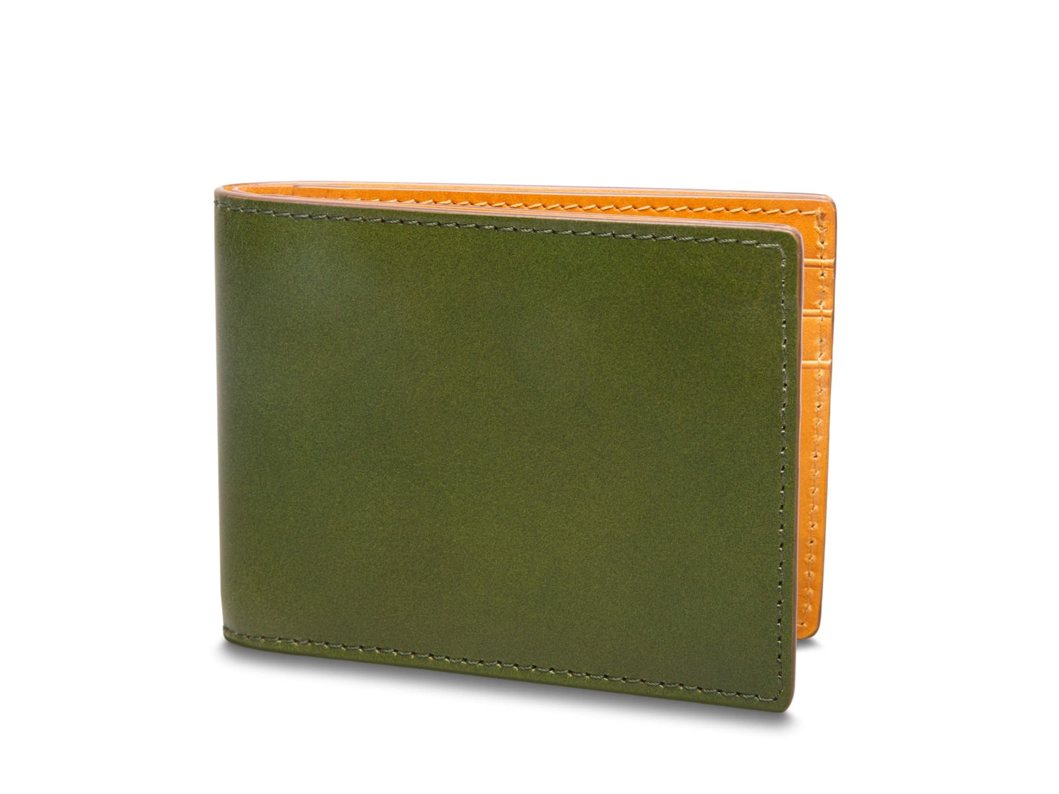 Bosca Men's Leather Wallet - Small Bifold Italia Vegetable-Tanned Forest Green & Tan Contrast Leather, 6 Card Slots, Matte Finish 3" h x 4" w x .5" d