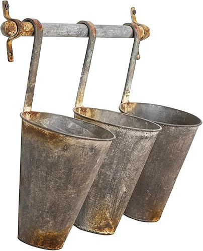 Miniatura 4 de Creative Co-Op Estante de pared de metal antiguo con 3 macetas colgantes de hojalata