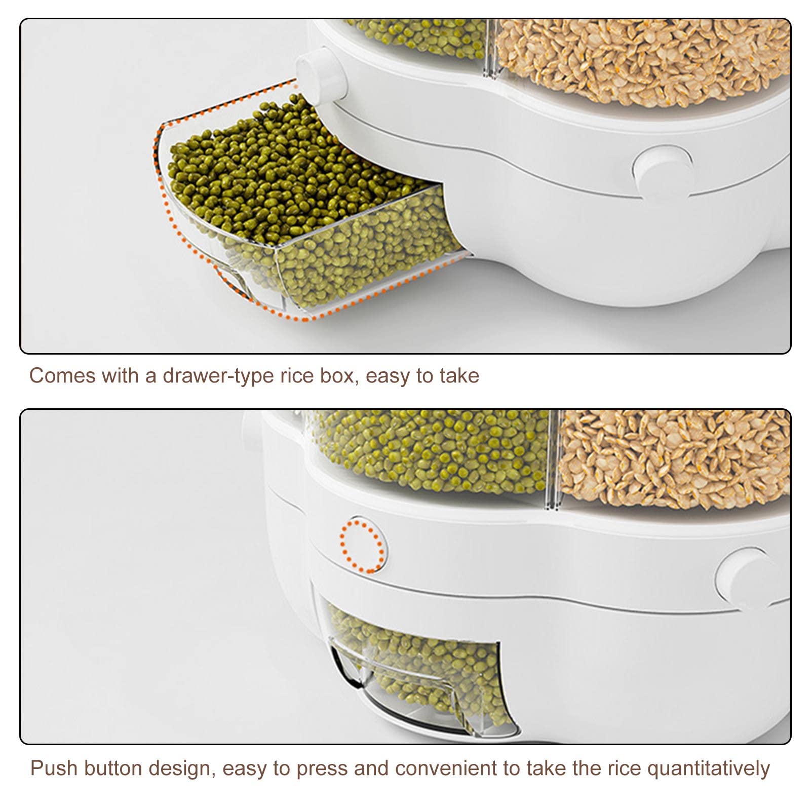 Distributore Di Riso Girevole 360°, 6 Scomparti, Contenitore Per Cereali Con Scatola Antinsetti, Capacità 8 Kg, Bianco