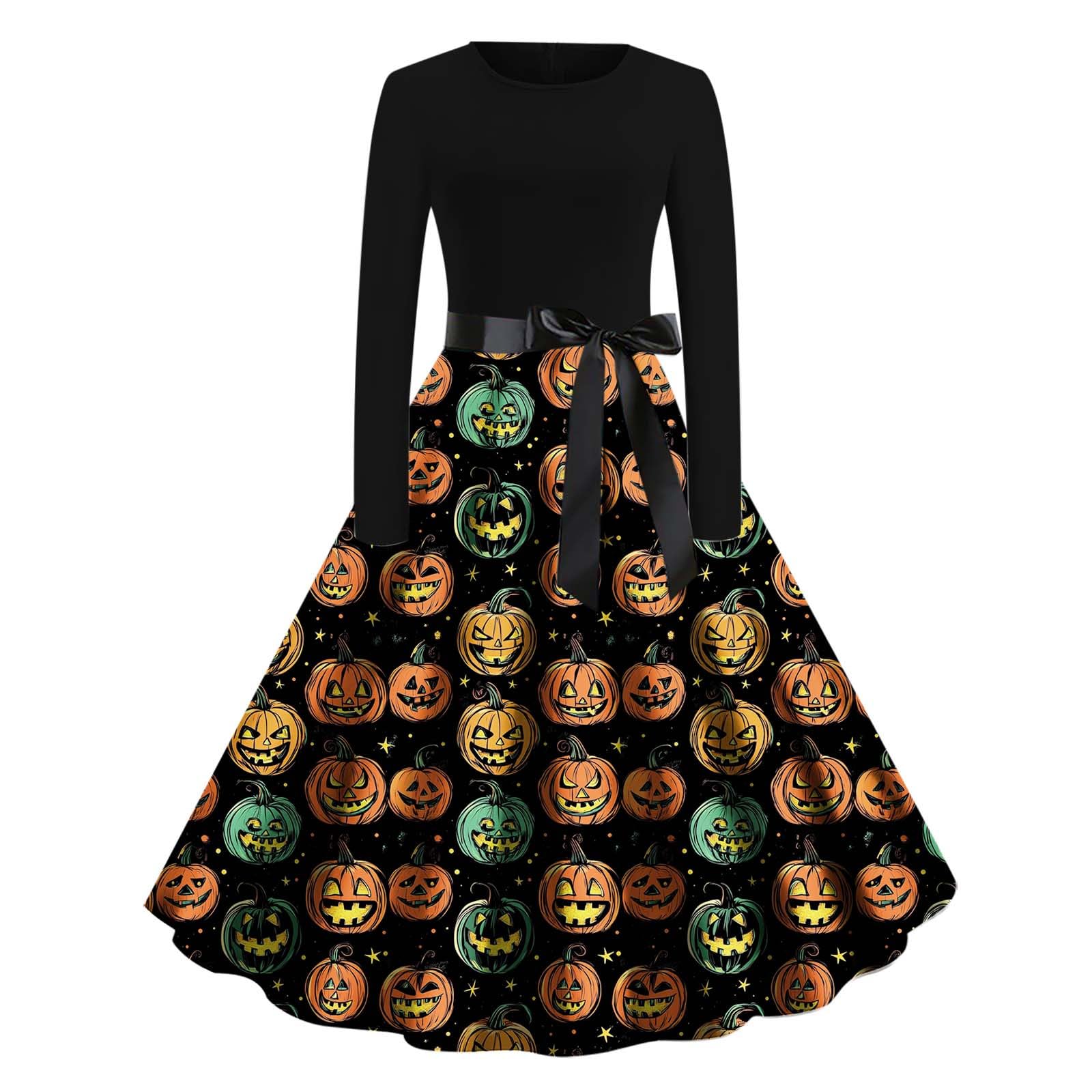 HAOLEI Halloween Costumes Adult Women, Ladies Halloween Dress Retro Pumpkin Skeleton Print Long Sleeve A Line Swing Dress Black Vintage Skull Witch Rockabilly Party Cocktail Novelty Dresses