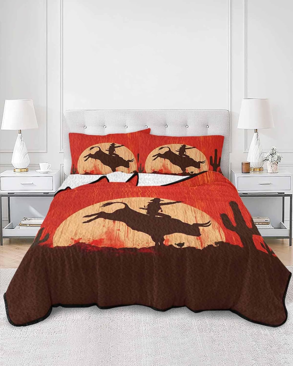 King Size Quilt Bedding Set, Western Cow Boy Lightweight Soft Quilts Comforter, Vintage Country Desert Cactus Quilted Bedspread with 2 Pillow Covers for All Season 98" x 106"