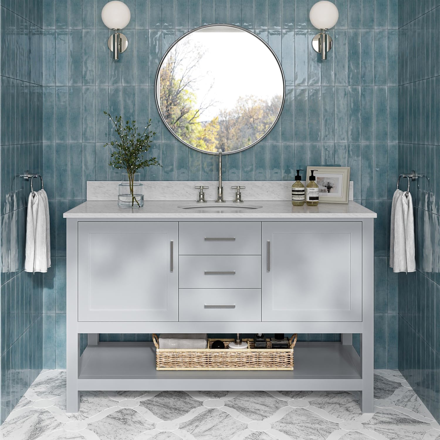ARIEL Bayhill 54-inch Bathroom Vanity with Sink,Solid Wood, 0.75-inch Italian Carrara Marble Countertop & Backsplash, Single Oval Porcelain Sink, 2 Soft Closing Doors, 2 Dovetail Drawers, Grey