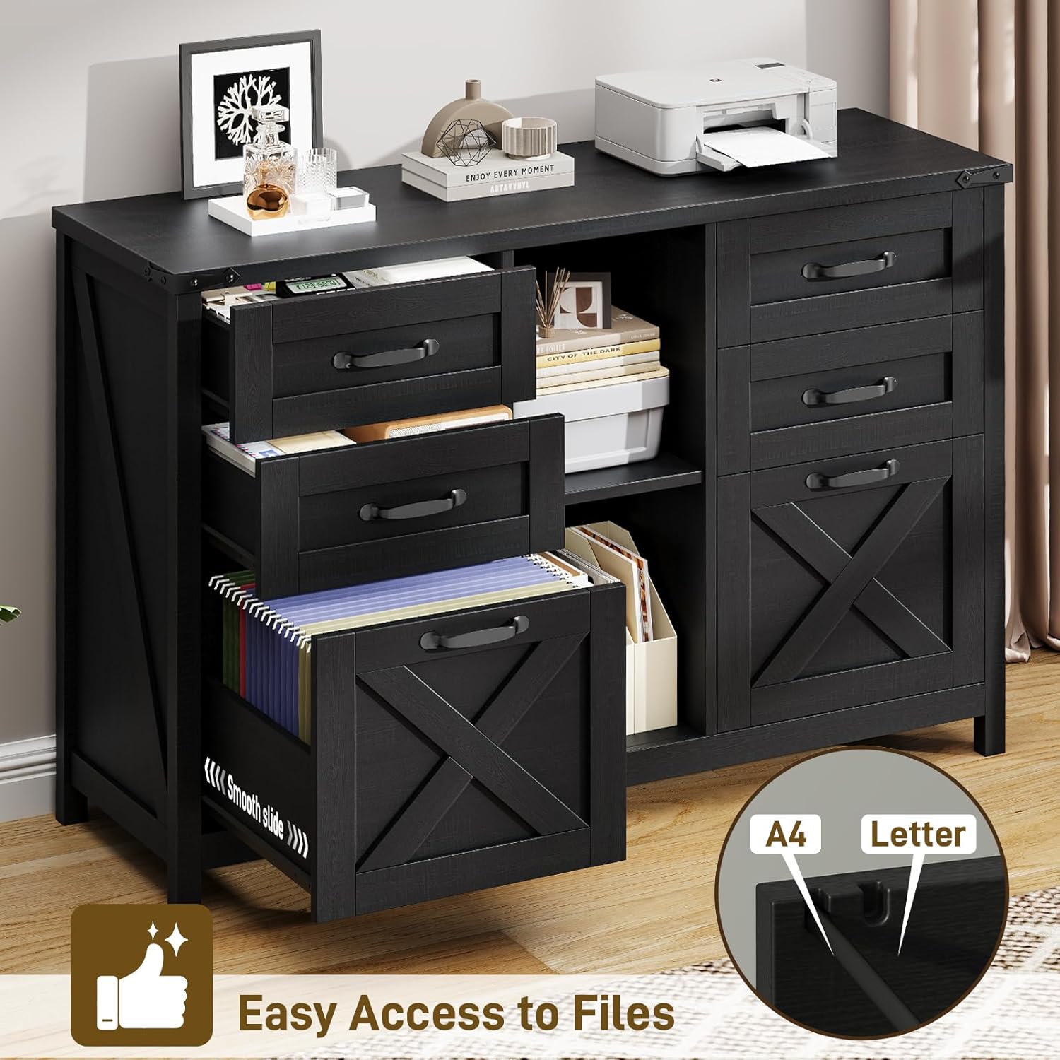 Farmhouse Lateral Filing Cabinet, Lateral File Cabinet with 6 Drawers and Adjustable Shelf, Large Printer Stand with 2 File Drawers for Letter/A4 Size Hanging Files for Home Office, Rustic Black