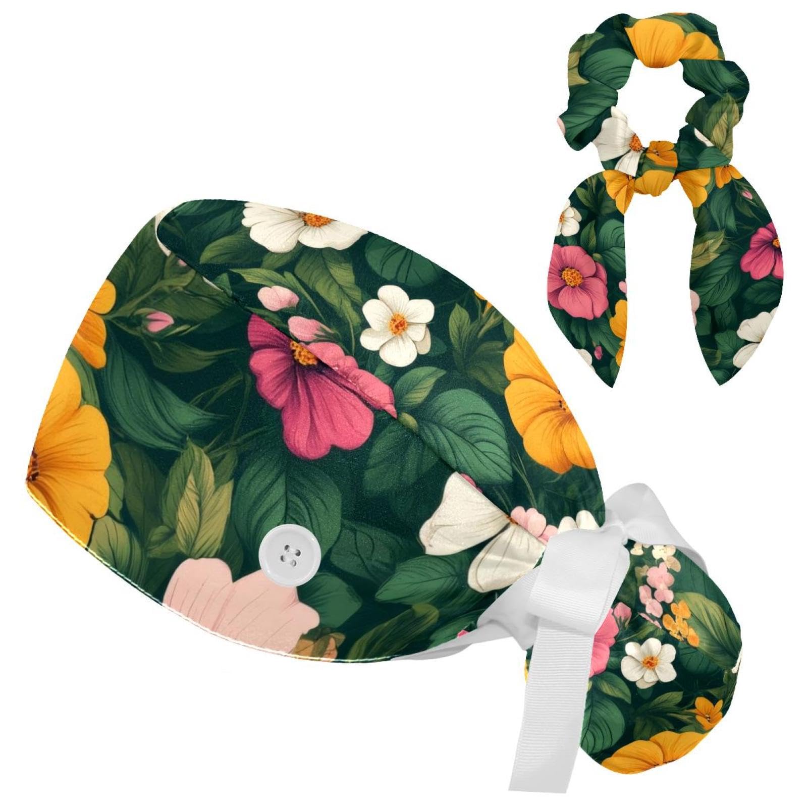 Anna Cowper Adjustable Working Cap with Button Sweatband, Flowers Leaves Elastic Tie Back Hats