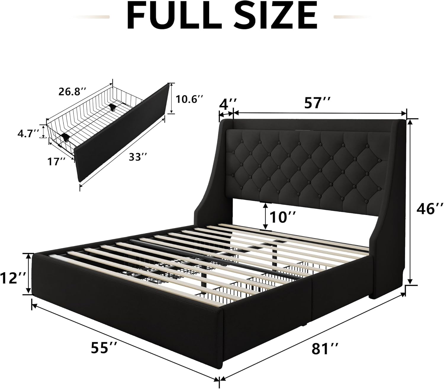 iPormis Full Size Bed Frame with 4 Storage Drawers, Upholstered Platform Bed Frame with Type-C & USB Ports, Wingback Storage Headboard, Solid Wood Slats, No Box Spring Needed, Black