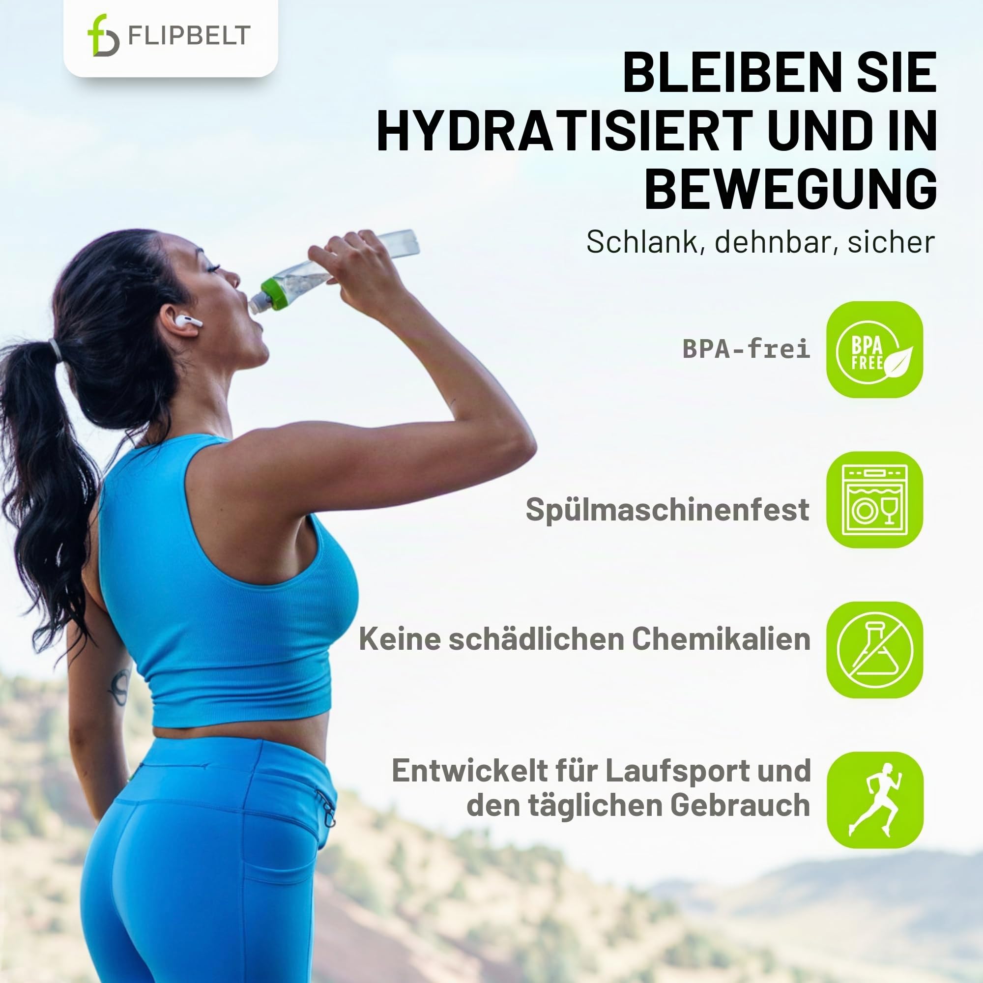 FlipBelt Arc Trinkflasche Laufgürtel, Gebogene Trinkflasche, 300 ml, Grün