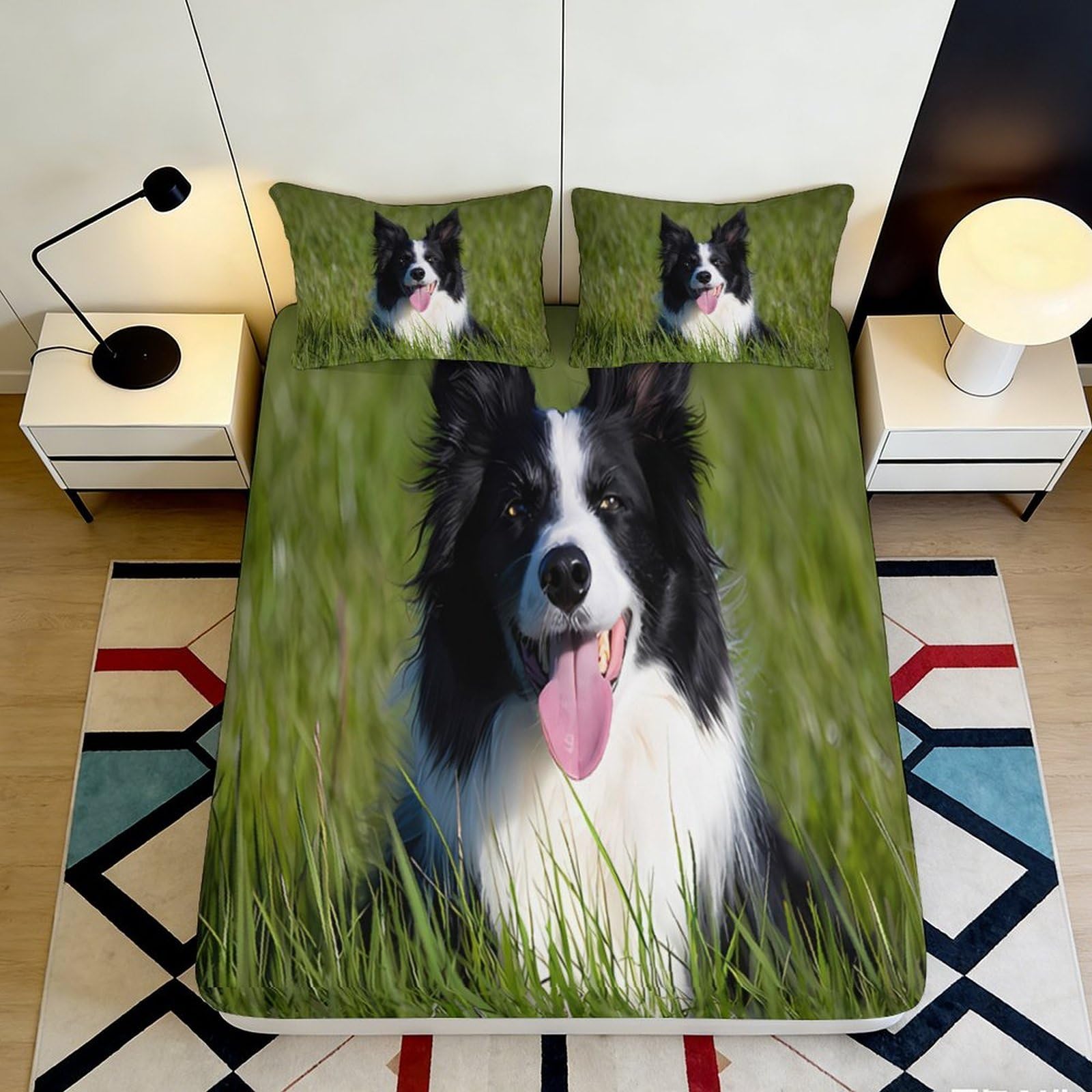 K1r3d9e5 Style-3 3D Printed Border Collie Dog Fitted Sheet Microfiber Soft Breathable Grass Field Bed Cover For Bedroom Guest Room Decor 90X200x25cm