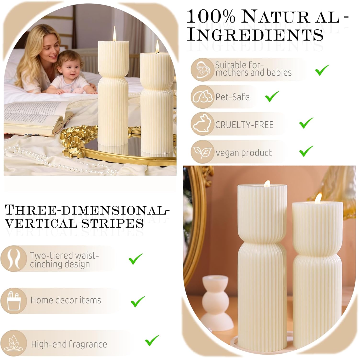 Cream White Ribbed Pillar Candles,Aesthetic Roman Column Scented Candles for Home Decor,Sandalwood Scented Natural Soy Wax, Decorative Sculptural Candle for Housewarming Gift,Stress & Anxiety Relief