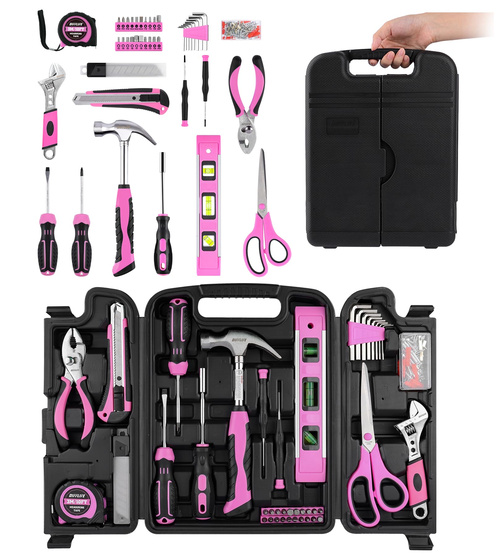 Juego de herramientas rosas, 131 piezas, juego de herramientas rosas para mujer, kit de herramientas manuales para el hogar con caja de herramientas de plástico (rosa)