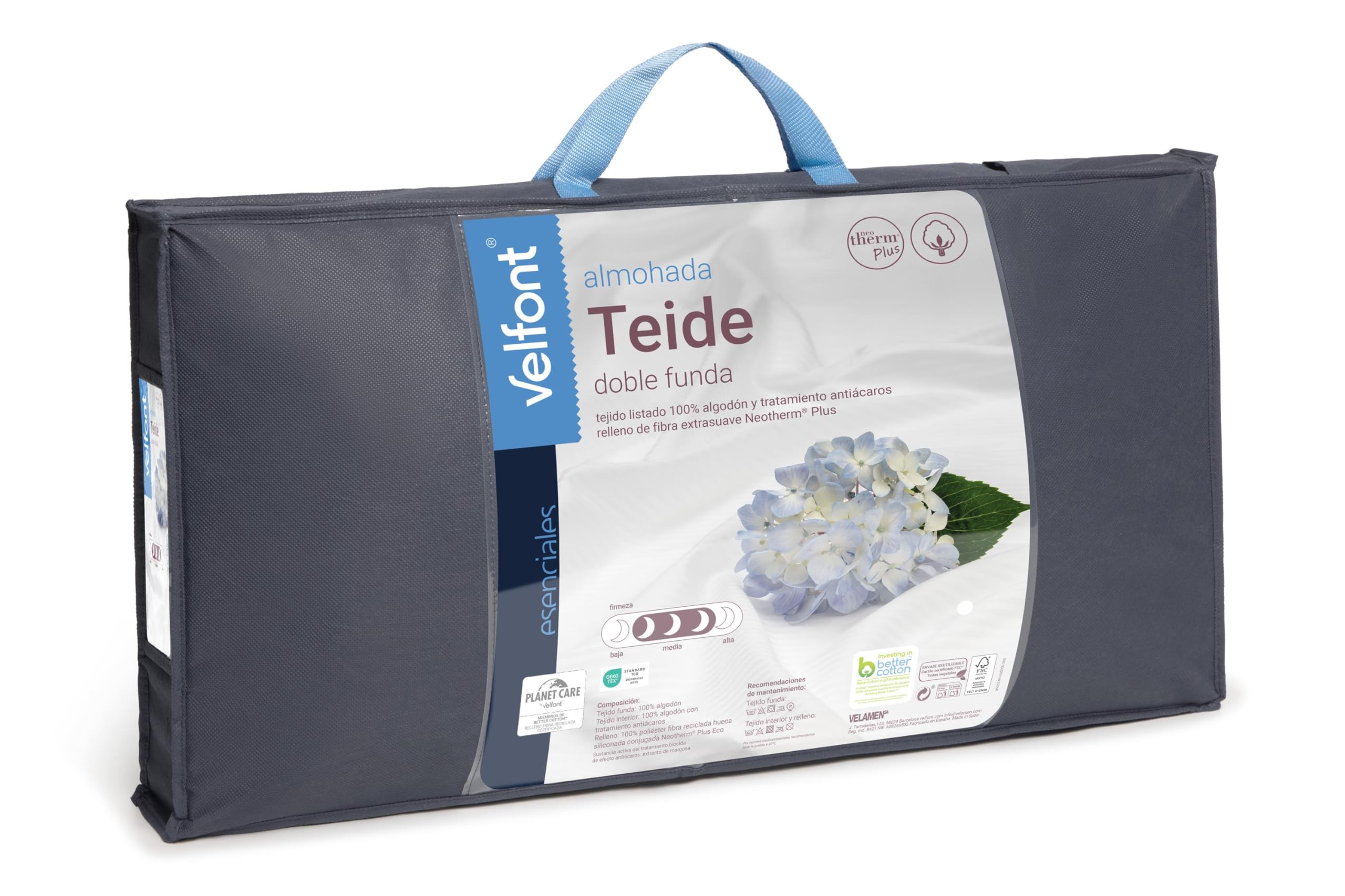 Velfont Almohada de Fibra Teide, Doble Funda de Algodón 200 Hilos, Varias Medidas, Firmeza Media-Alta, Blanco (90 cm)