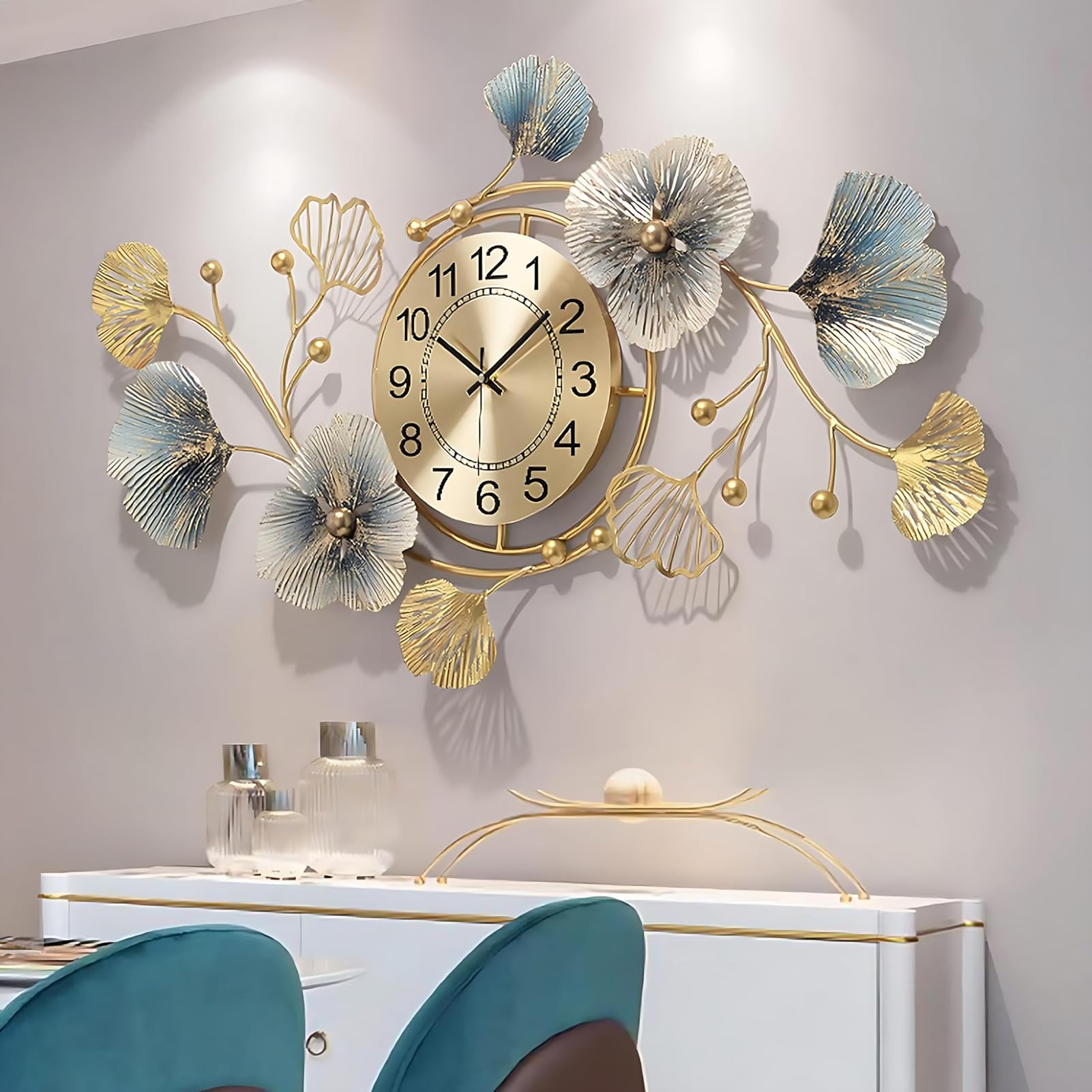 Nnycc Gold Large Wall Clock Modern Stylish Wall Clock Decorative Metal Ginkgo Leaf Design Style Eternal Love Theme Symbolic Finish Kitchens Living Rooms Family Rooms Study ,S