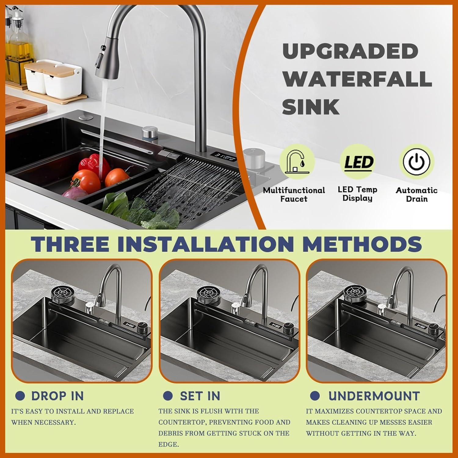 BRONCHO Black 304 Stainless Steel Kitchen Sink with Digital Display Faucet, Waterfall Bar Sink with Drainboard, Includes Drain Basket & Cutting Board (29.5 x 17.7 Inch)