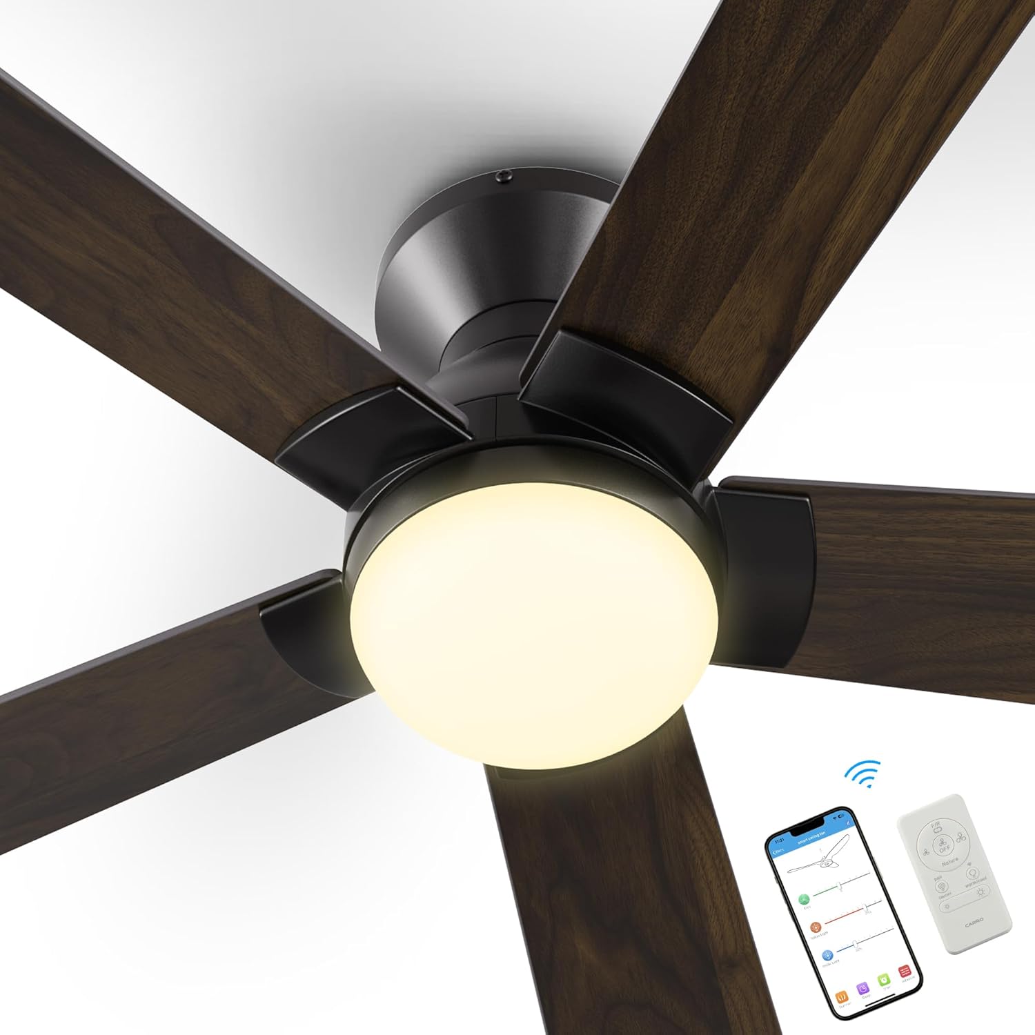 SMAAIR 52 Inch DC Ceiling Fans with Lights and Remote Control, Modern Ceiling Fan Works with APP/Alexa/Google Assistant/Siri, 5 Reversible Plywood Blades, 10 Speed DC Motor,Walnut
