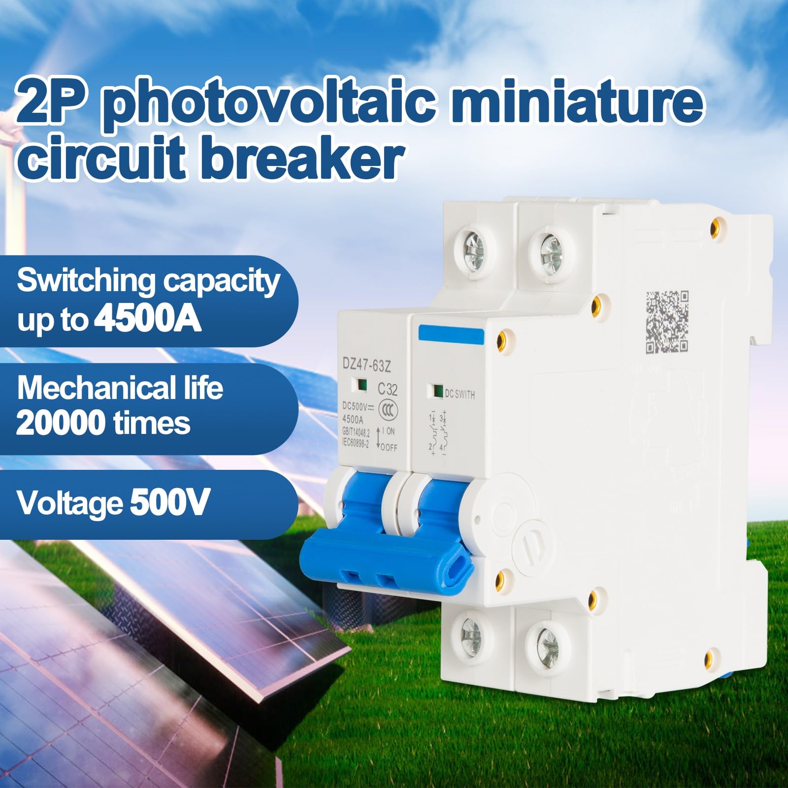 DEWIN Interruttore Automatico Miniatura,2P DC 500V 32A Interruttore Magnetotermico Fotovoltaico DC Mini Interruttore con Protezione da Sovraccarico e Cortocircuito