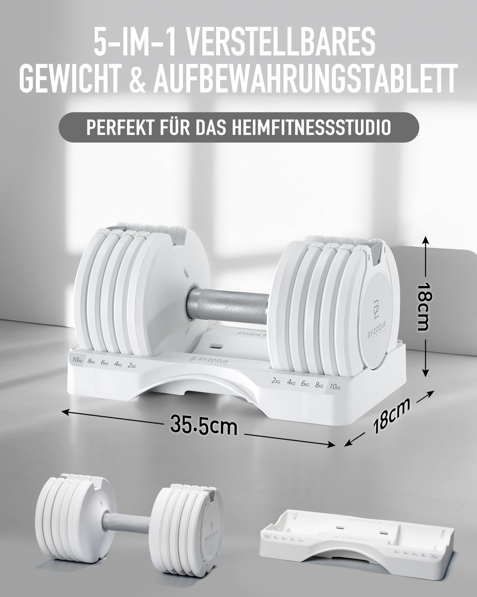 BYZOOM FITNESS Adjustable Dumbbell Single Piece, Verstellbare Hanteln 10 KG Einzeleinheit Ideale verstellbare Hanteln für zuhause, Krafttraining und Ganzkörpertraining 5-in-1 für Anfänger