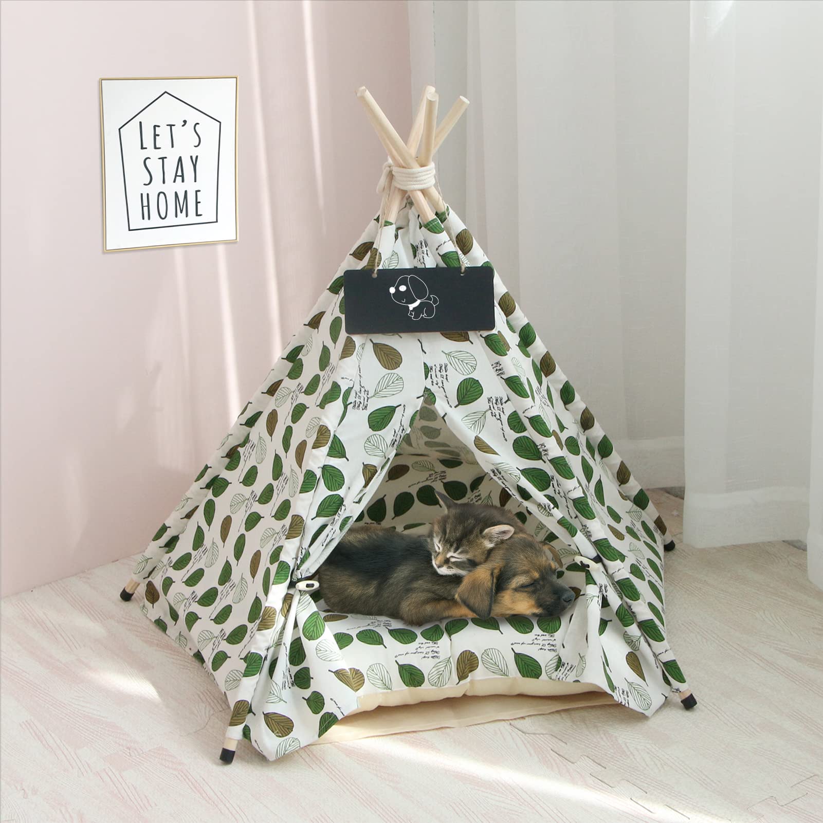 Tipi Cane Gatto di Comgagnia con Cuscino, Tenda Tipi di Lusso, Cuccia per Cane e Gatto Interno, Case per Gatto con Piccola Lavagna Nero (Green Leaf)