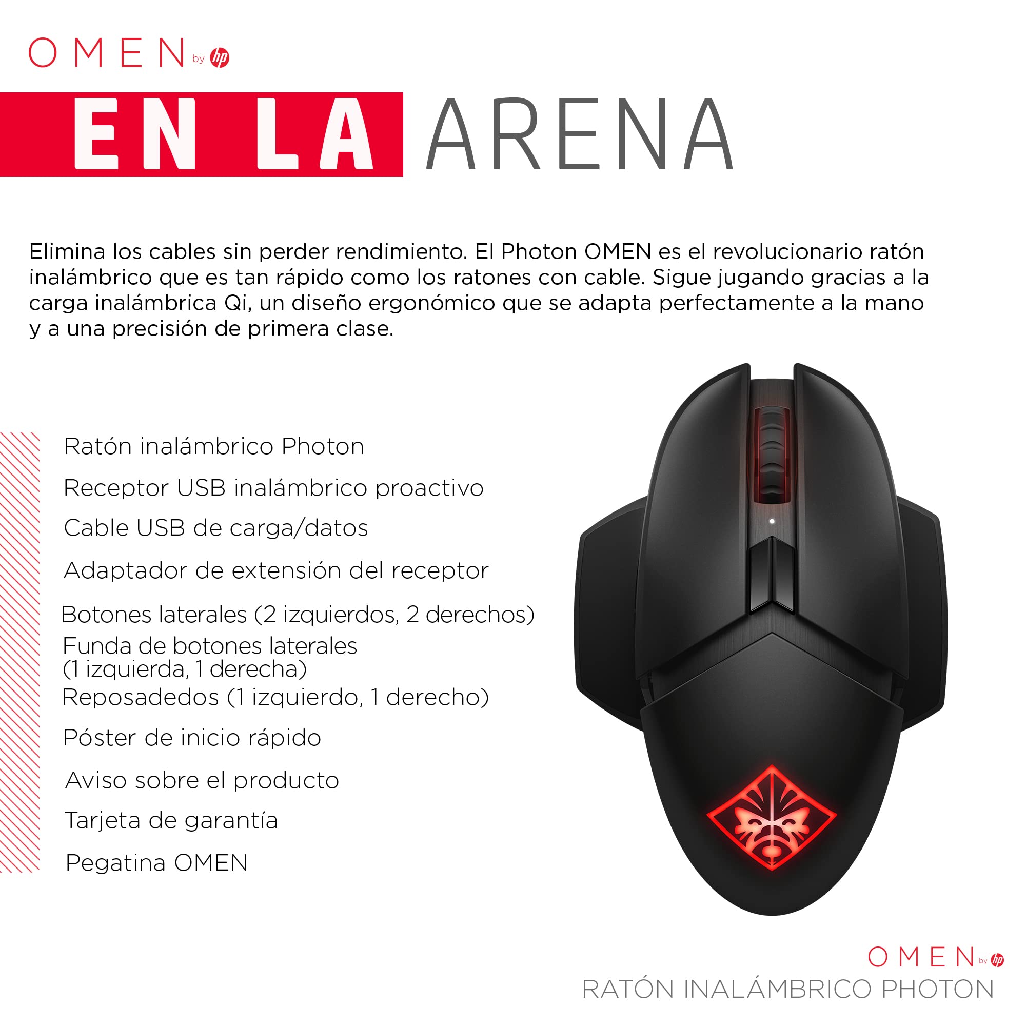 HP Photon Omen Ratón Inalámbrico Gaming - (100-16000 PPP, 11 Botones Programables, Batería Carga QI - Duración hasta 50 Horas, RGB LED, Windows 10 y Superior; MacOS 10.11 o Posterior), Color Negro