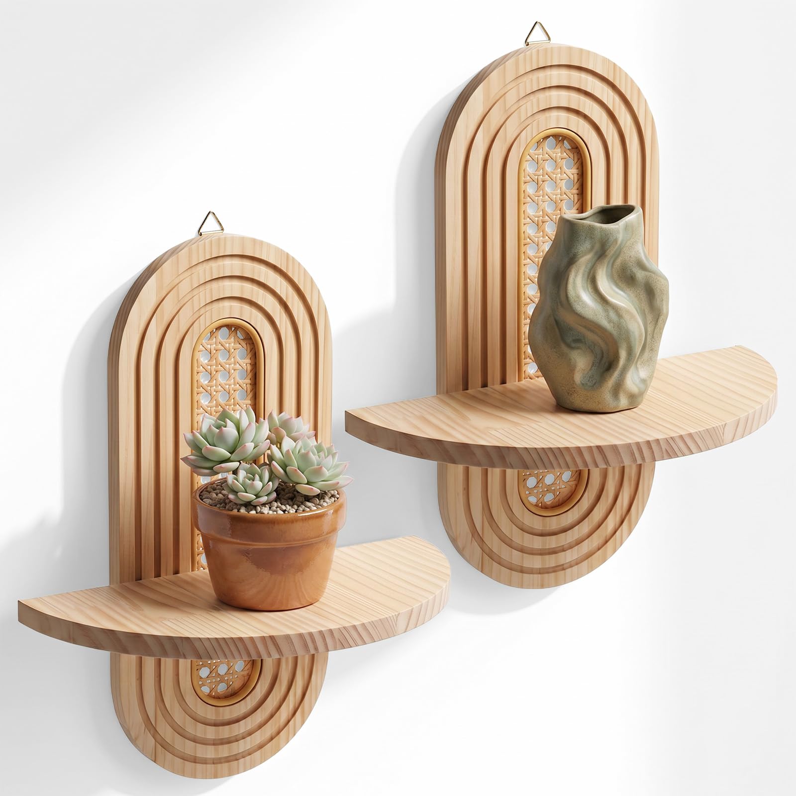 Photo 1 of AojSup Rattan Floating Shelves, 2-Pack Wood & Wicker Boho Decor