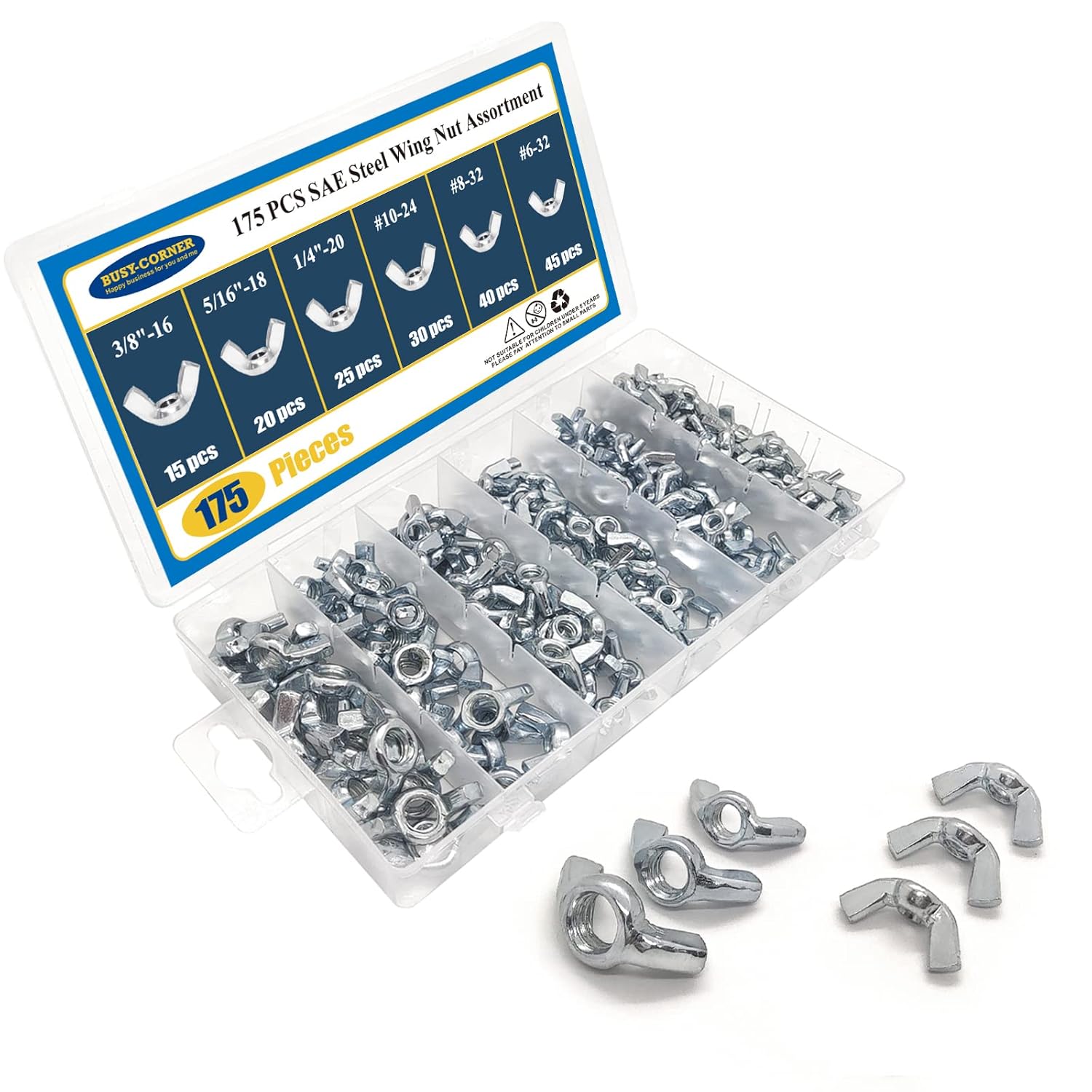 175 PCS Wing Nuts Fasteners Butterfly Wing Nuts SAE Steel Wing Nut Assortment kit from #6 to 3/8’’