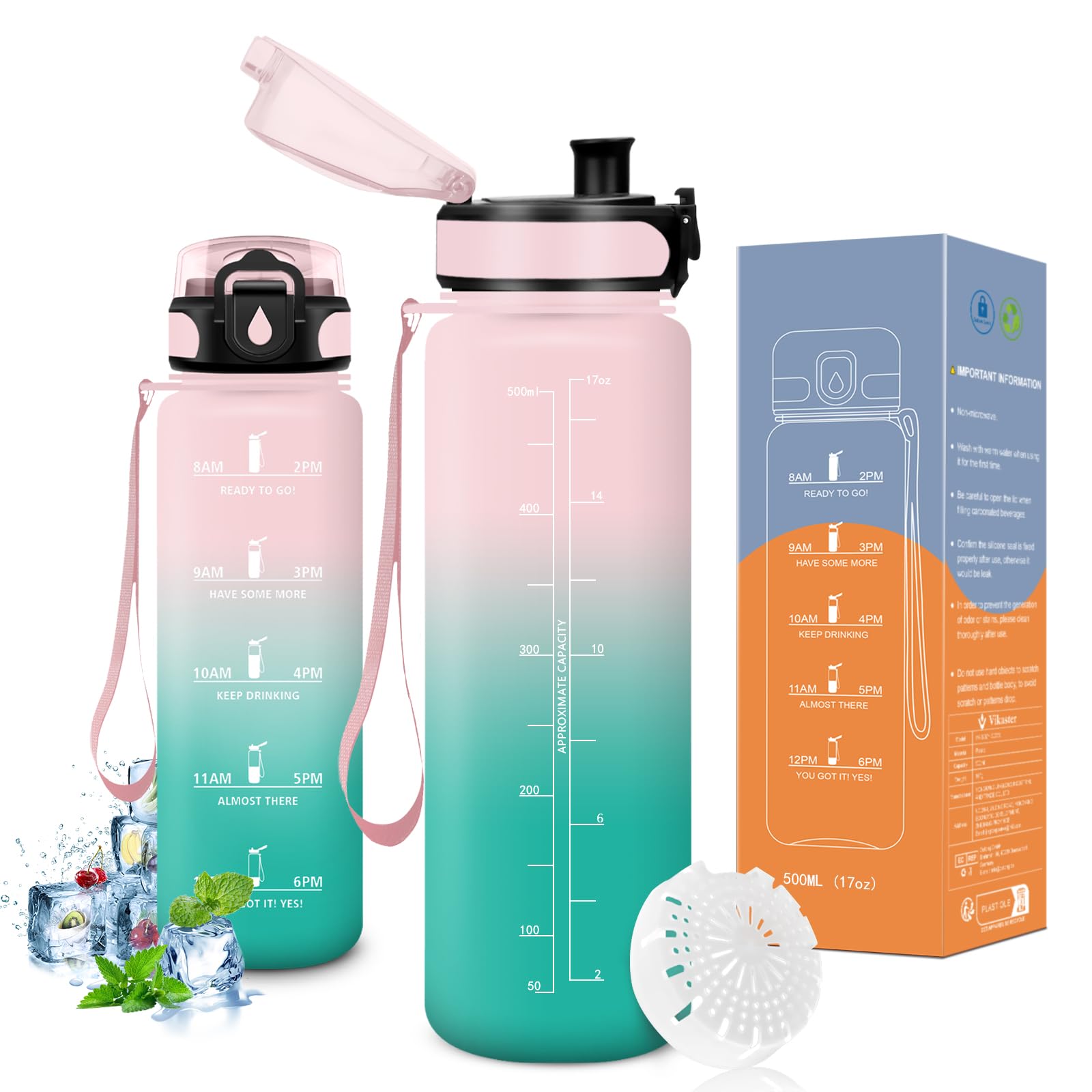 Vikaster Borraccia Sportiva, Borraccia 500ml/1000ml/1500ml, Senza BPA & Prova di Perdite, Bottiglia Acqua Bambini, Bici, Scuola, Palestra, Ufficio, Yoga
