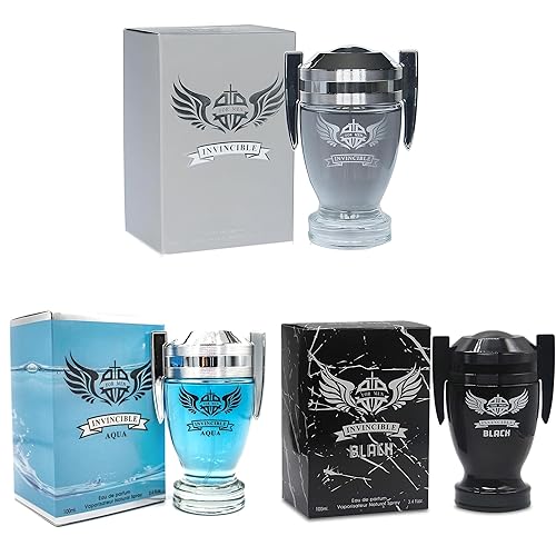 Paquete de 3 colonias para hombre, serie Invincible, 3.4 onzas líquidas, cada uno Eau de Parfume en espray con aroma floral amaderado y afrutado,