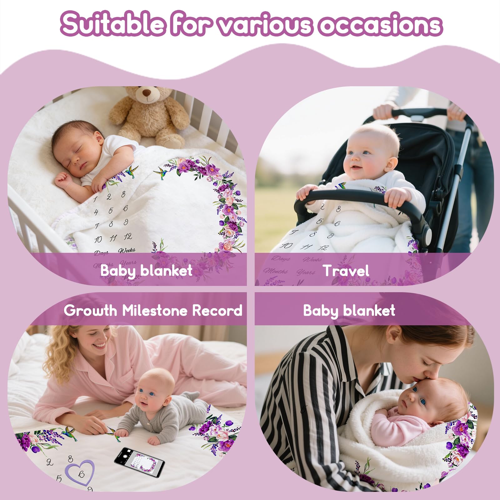 wocharm Baby Milestone Mat Blanket Photo Prop with Floral Numbers Newborn Boy Girl Gift(Purple), 40in x 60in - Image 4