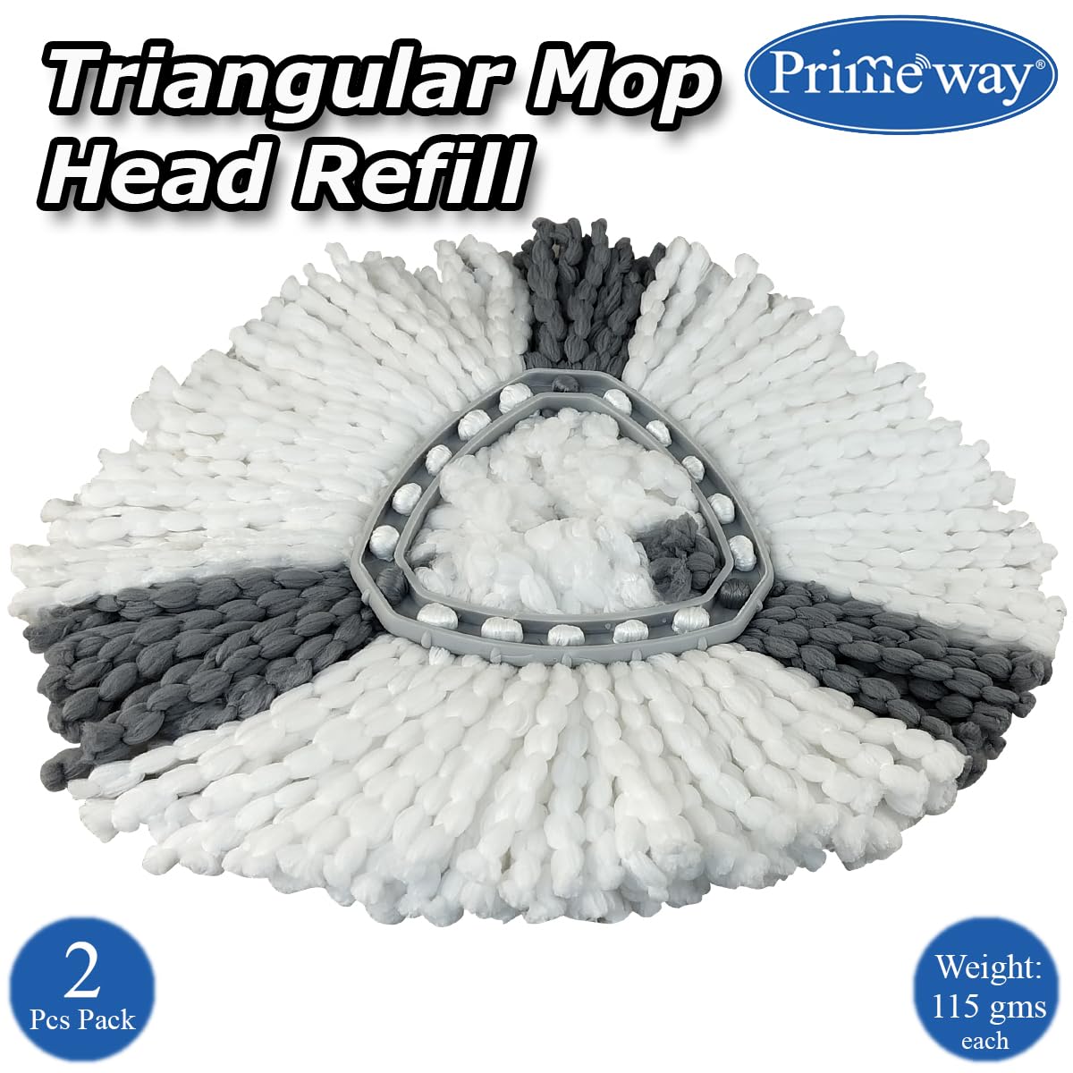 Primeway® Microfibre Triangular Mop Head | Replacement Refill for Spin Mop | Water Absorbent | All Surface Floor Cleaning | 115 Grams Each | 36 cm Diameter | White & Grey | Pack of 2 Refills 4