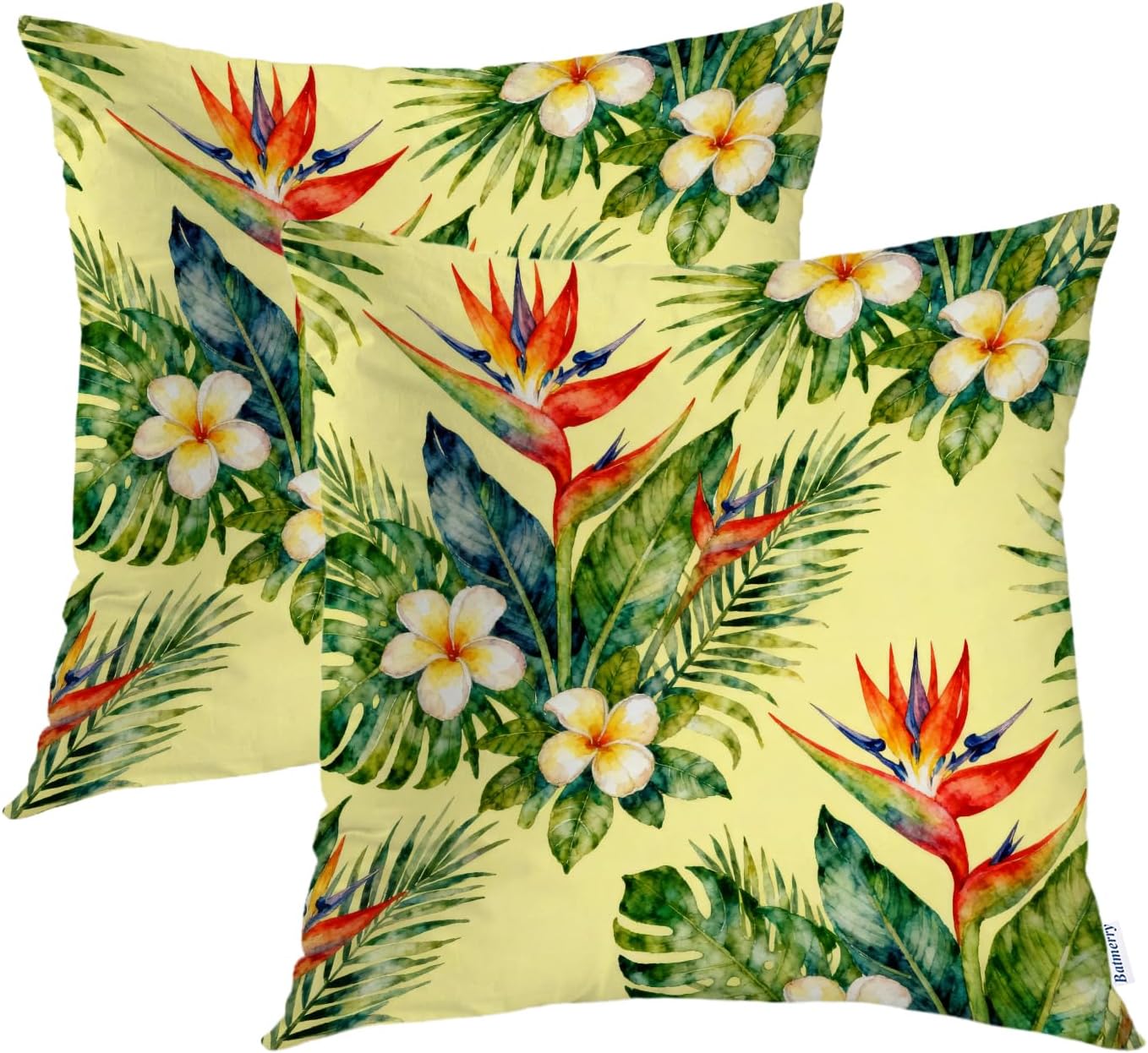 Batmerry Tropical Green Decorative Pillow Covers 20x20 Inch Set of 2, Beautiful Floral Exotic with Tropical Flowers Palm Leaves Cushion Throw Pillow Covers Outdoor Sofa Couch Bed Decor Pillowcase