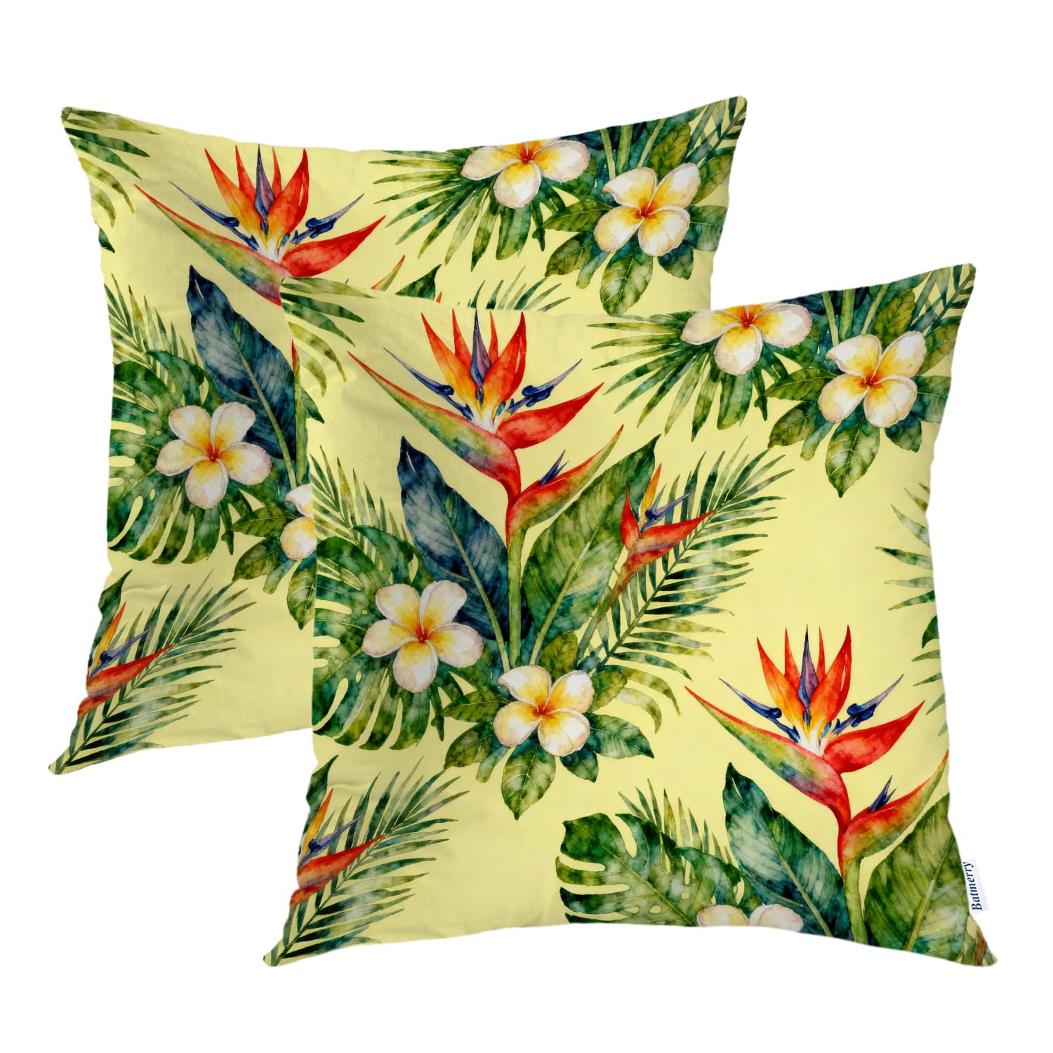 Batmerry Tropical Green Decorative Pillow Covers 20x20 Inch Set of 2, Beautiful Floral Exotic with Tropical Flowers Palm Leaves Cushion Throw Pillow