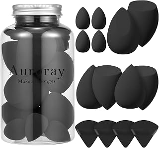 Auroray 14-Pc Makeup Sponge Set: Beauty Blenders, Mini Sponges & Powder Puffs for Flawless Foundation, Powder Blend (Black)