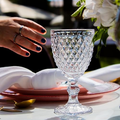 Vista 8 de ZOOFOX Juego de 6 vasos de copa de agua, copas de vino de tallo de 10 onzas con diseño en relieve, cristalería vintage para aniversario, boda