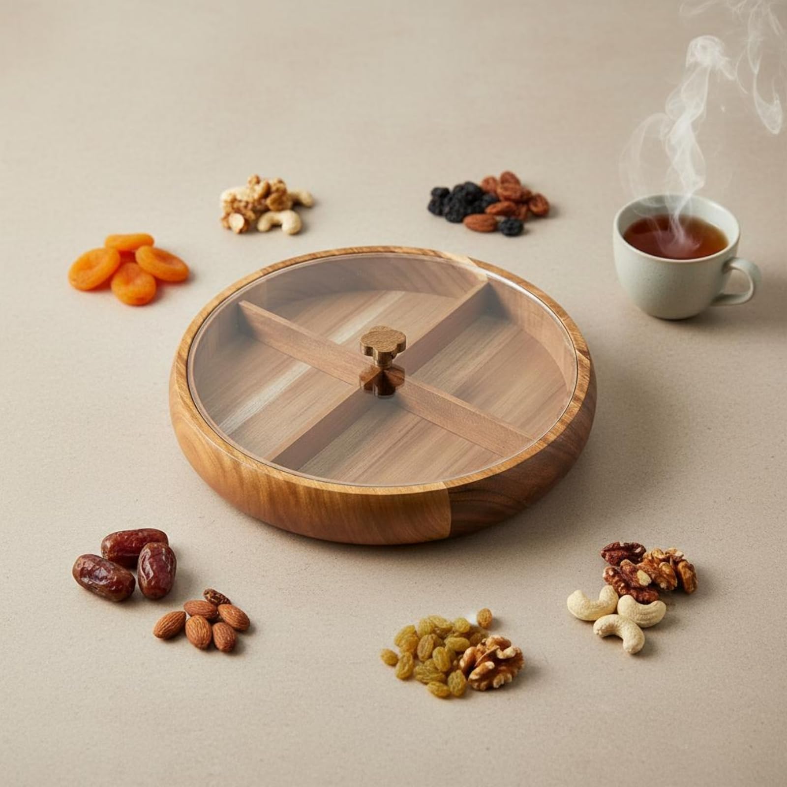 Fenteer Vassoio Rotondo Snack Vassoio degli Spuntini Vassoio con Scomparti Scatola Porta Dolci Vassoio con Coperchio in Legno di Acacia per E Caramelle Adatto, Grande, con Divisori