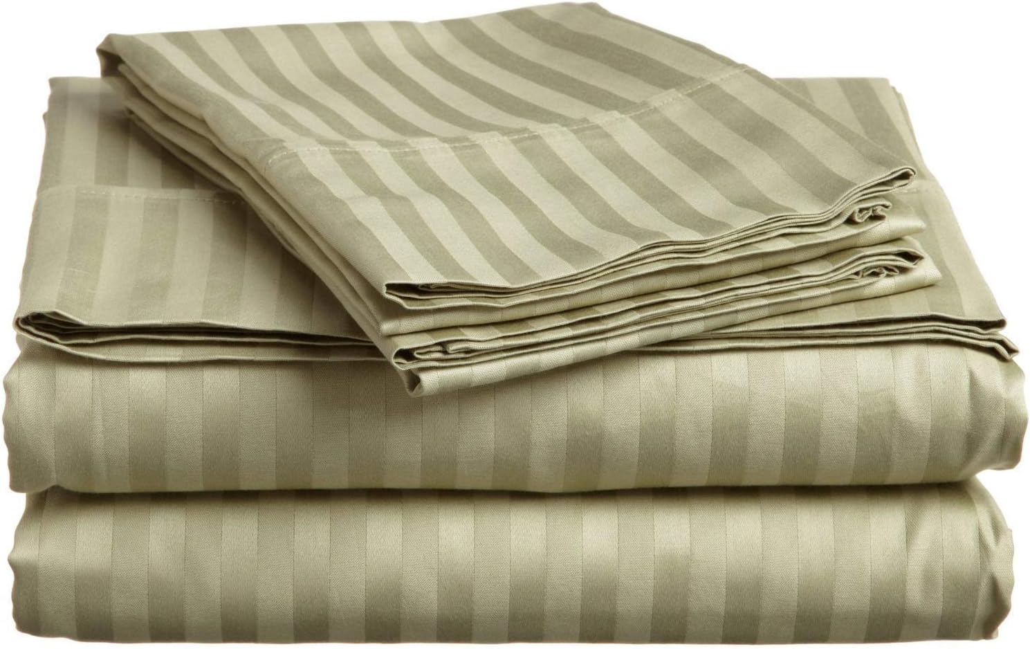 Luxurious Ultra Soft - Striped Cotton Sateen 4 Piece Bed Sheet Set 400 TC - Fitted Sheet 12" deep Pocket + Flat Sheet + 2 Pillowcases - Sage - Twin