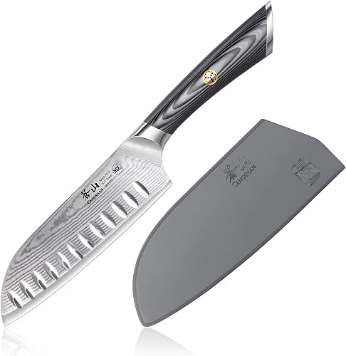 Cangshan Cuchillo Santoku de la serie NAKA de 6 pulgadas con funda, acero de Damasco forjado X-7, 503107