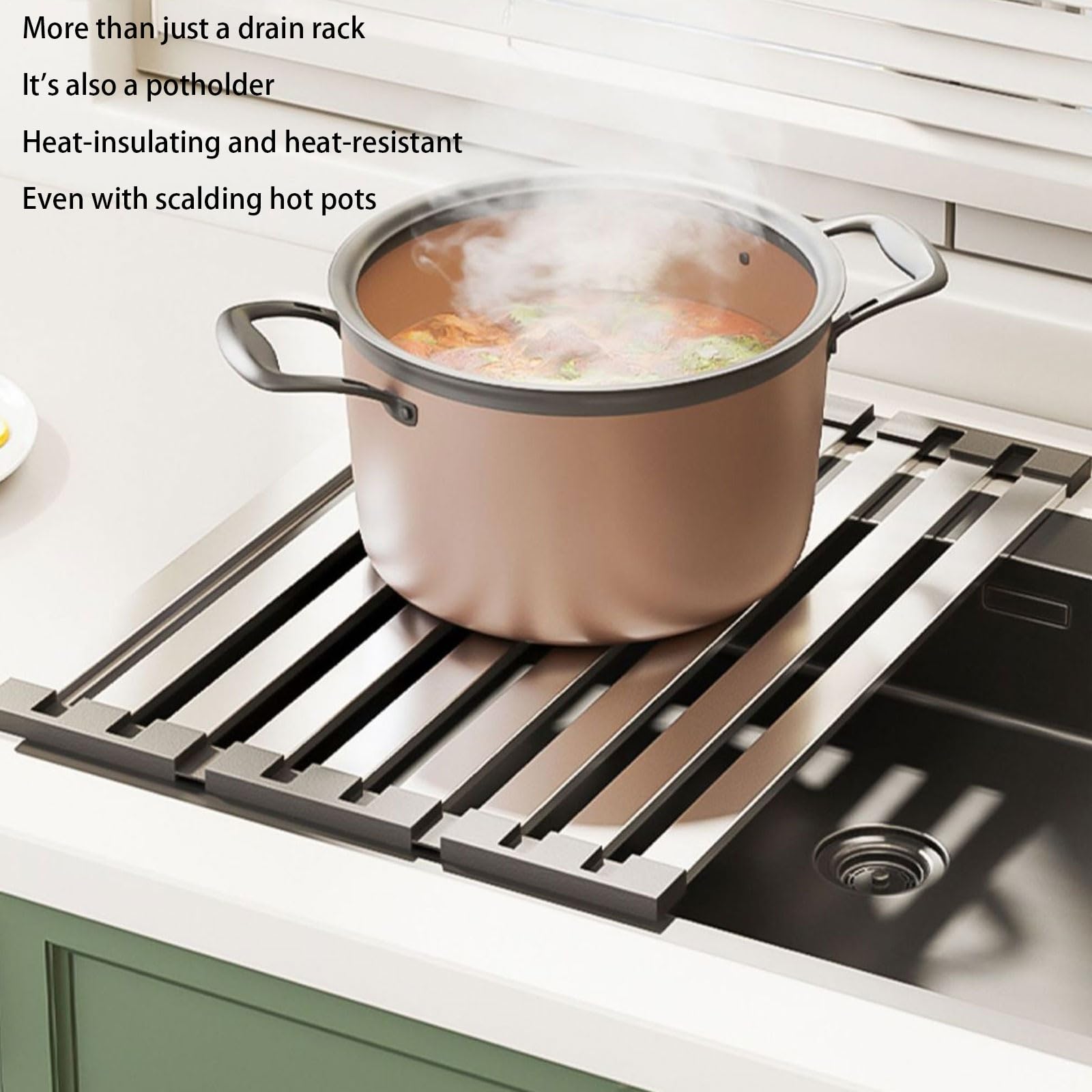 Scolapiatti pieghevole in acciaio inox con bordi in silicone antiscivolo, tappetino salvaspazio per lavello da cucina, per uso domestico e in camper, resistente, compatto e facile da pulire