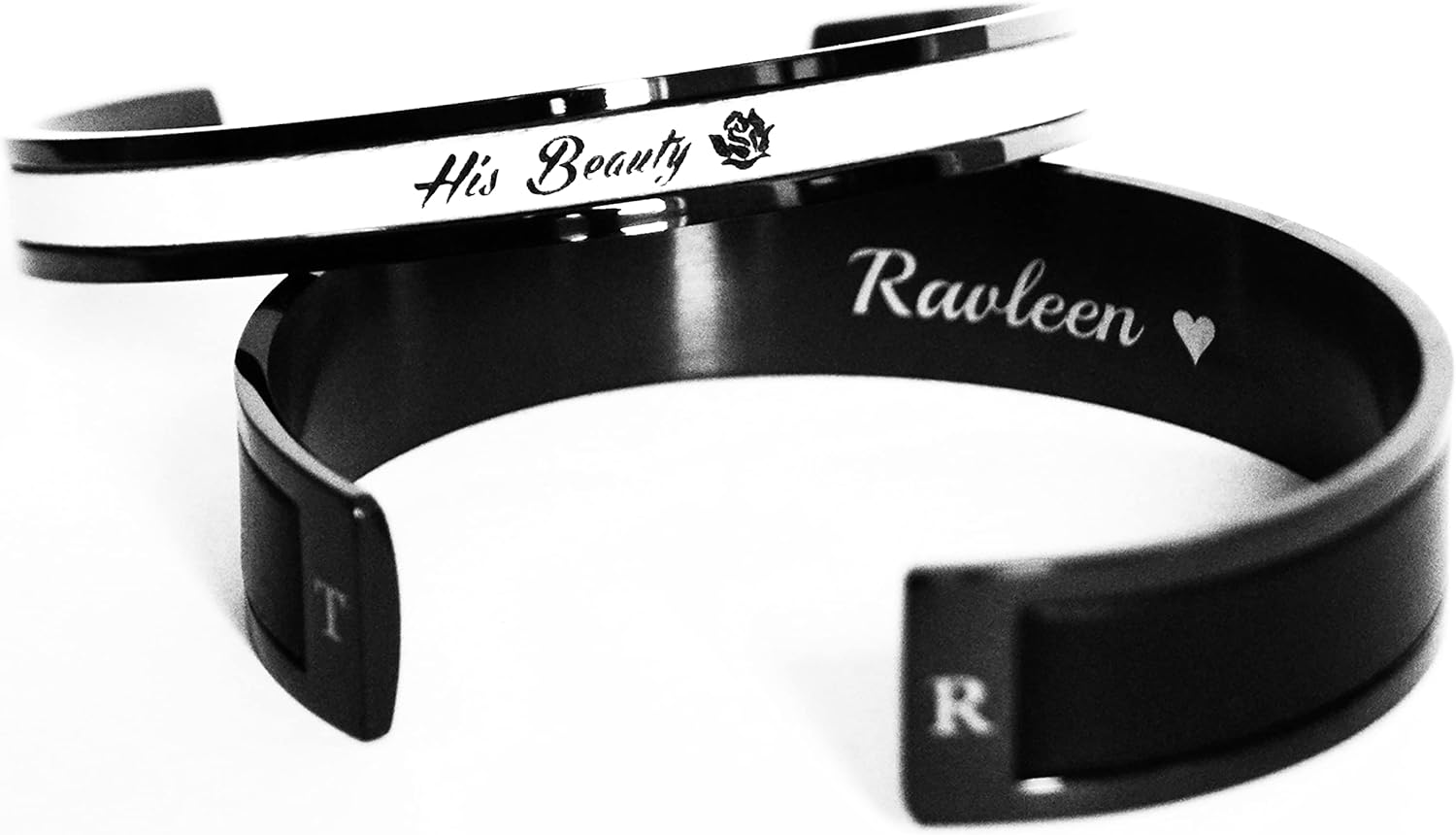 Personalized Matching Couples Cuff Bracelets Third Wedding Anniversary Gift with Leather Inlay His and Her Jewelry Black Tone