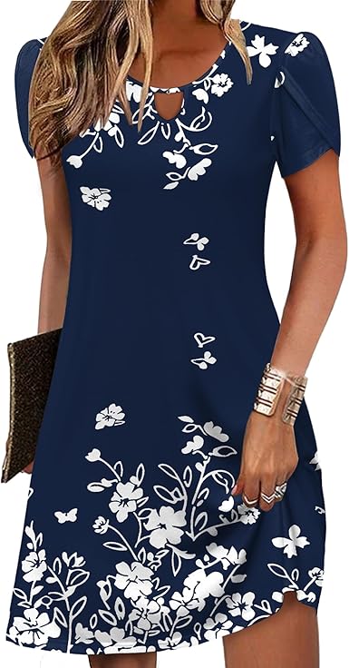 Zeagoo Women's Casual A-Line Dresses with Pockets Summer Floral Tshirt Dress Short Sleeve Mini Dress Flowy Sundresses