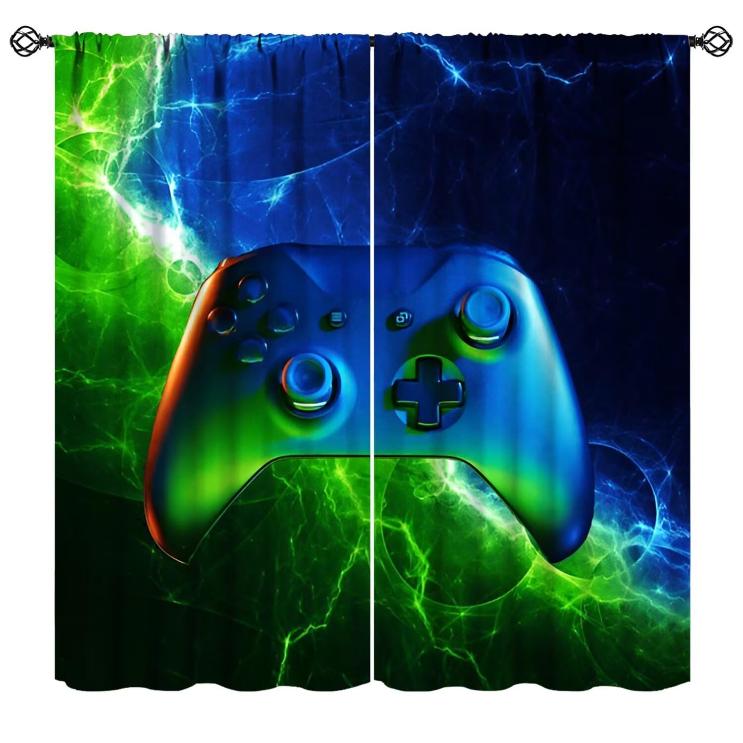 Mchenxin Gaming Curtains for Boys, Blue Green Abstract Lightning Gamepad Colorful Modern Neon Game Print Blackout Window Curtains for Kids Teens