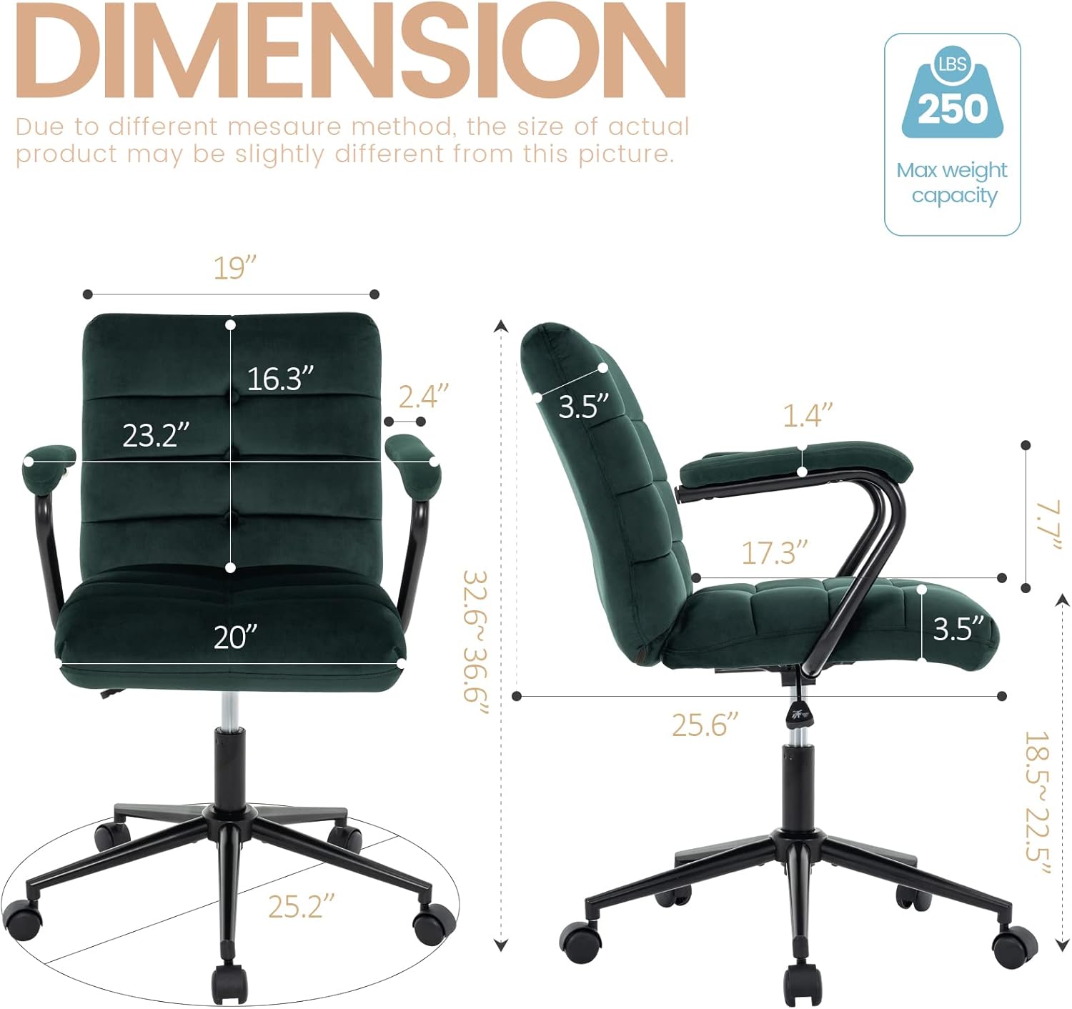 Velvet Home Office Desk Chair, Upholstered Adjustable Swivel Task Chair with Wheels, Tufted Mid-Back Computer Chair with Arms, for Study Living Room Vanity (Dark Green, Black Base)