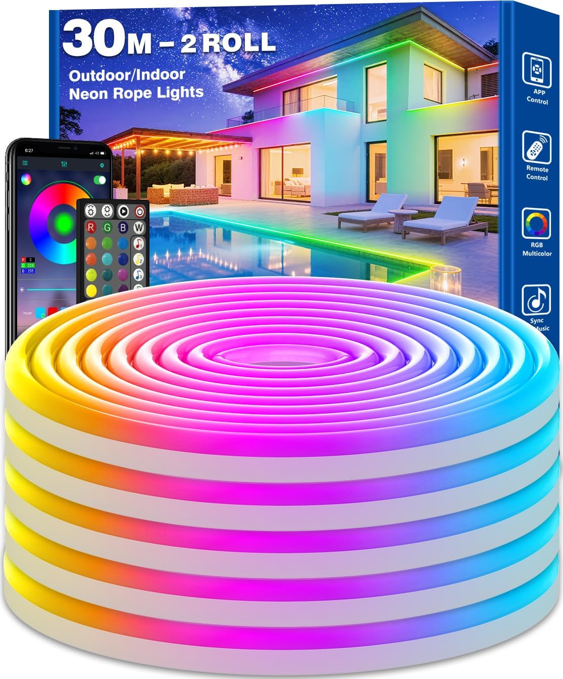 AHRLHR 30M Neon LED Streifen, IP68 Light Strips Outdoor & Indoor Use, Wasserdichte Flexible Lichtschlauch mit App und Fernbedienung, LED Rope Stripes für Wohnzimmer, Schlafzimmer, Spielzimmer